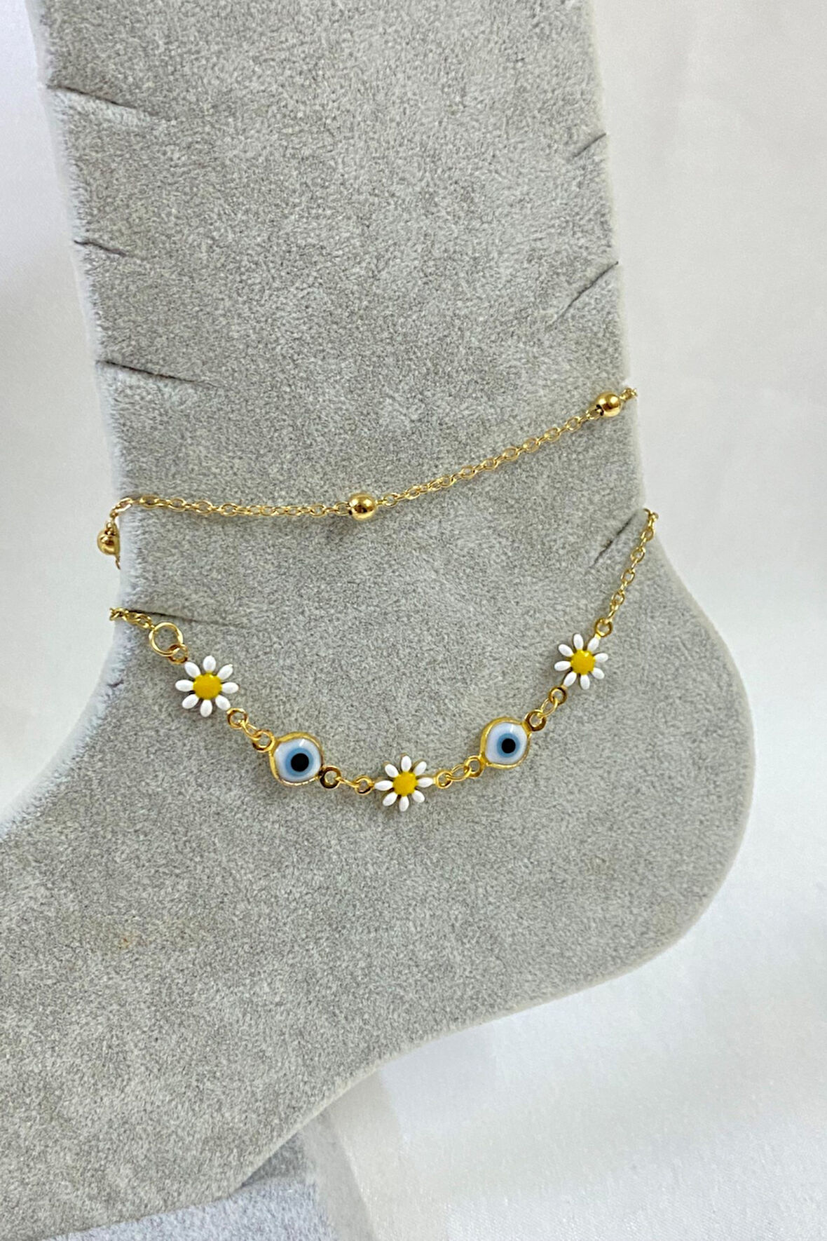 Altın Renk Top Papatya Nazar Zincir Çelik Halhal - 3260