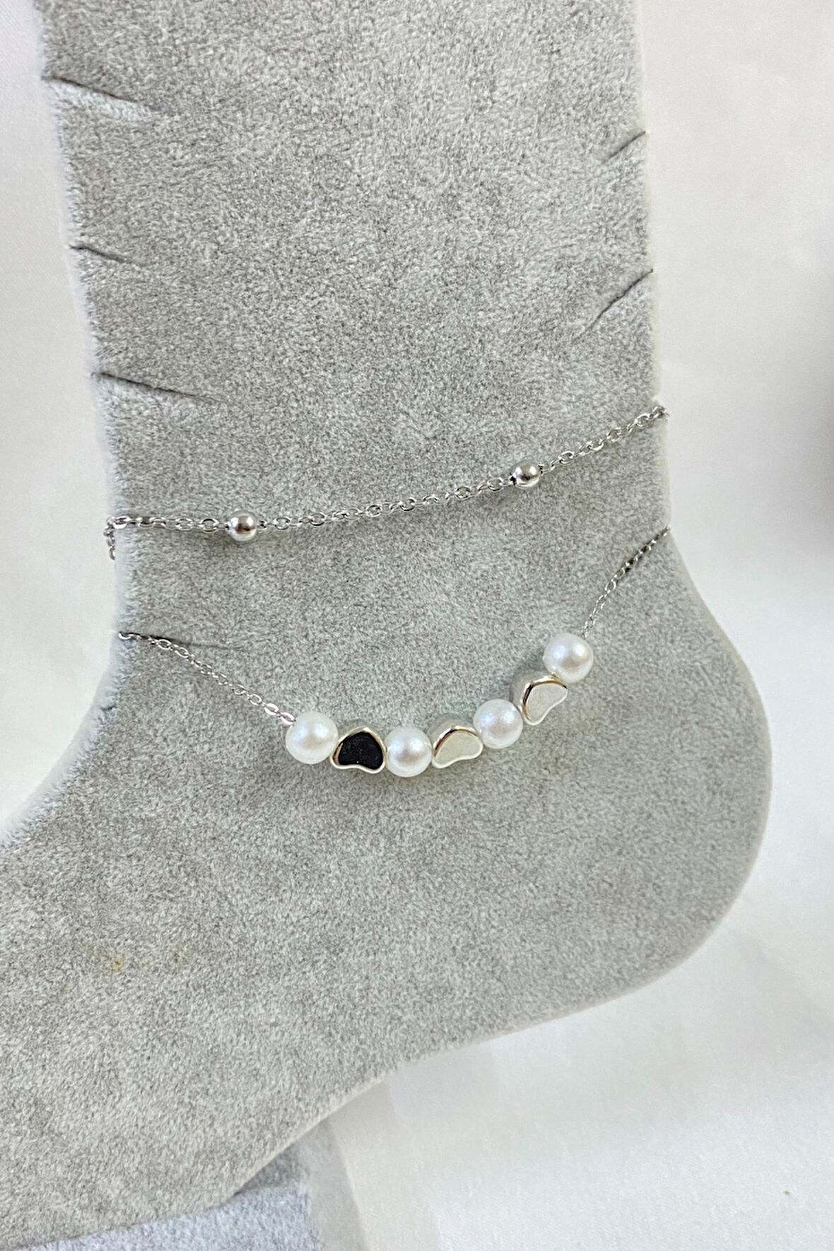 Gümüş Renk İnci Kalp Model Top Ve Sf Zincir Çelik Halhal - 3261