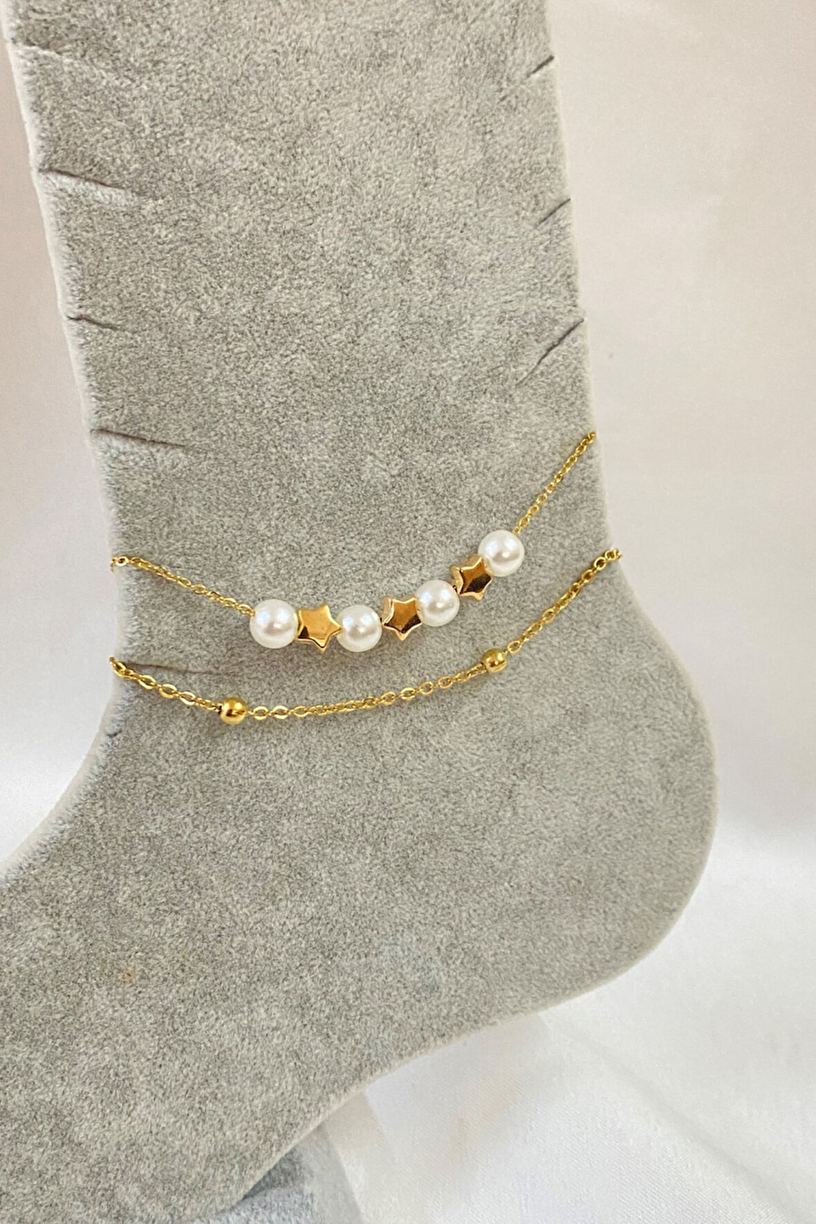 Altın Renk İnci Yıldız Model Top Ve Sf Zincir Çelik Halhal - 3271