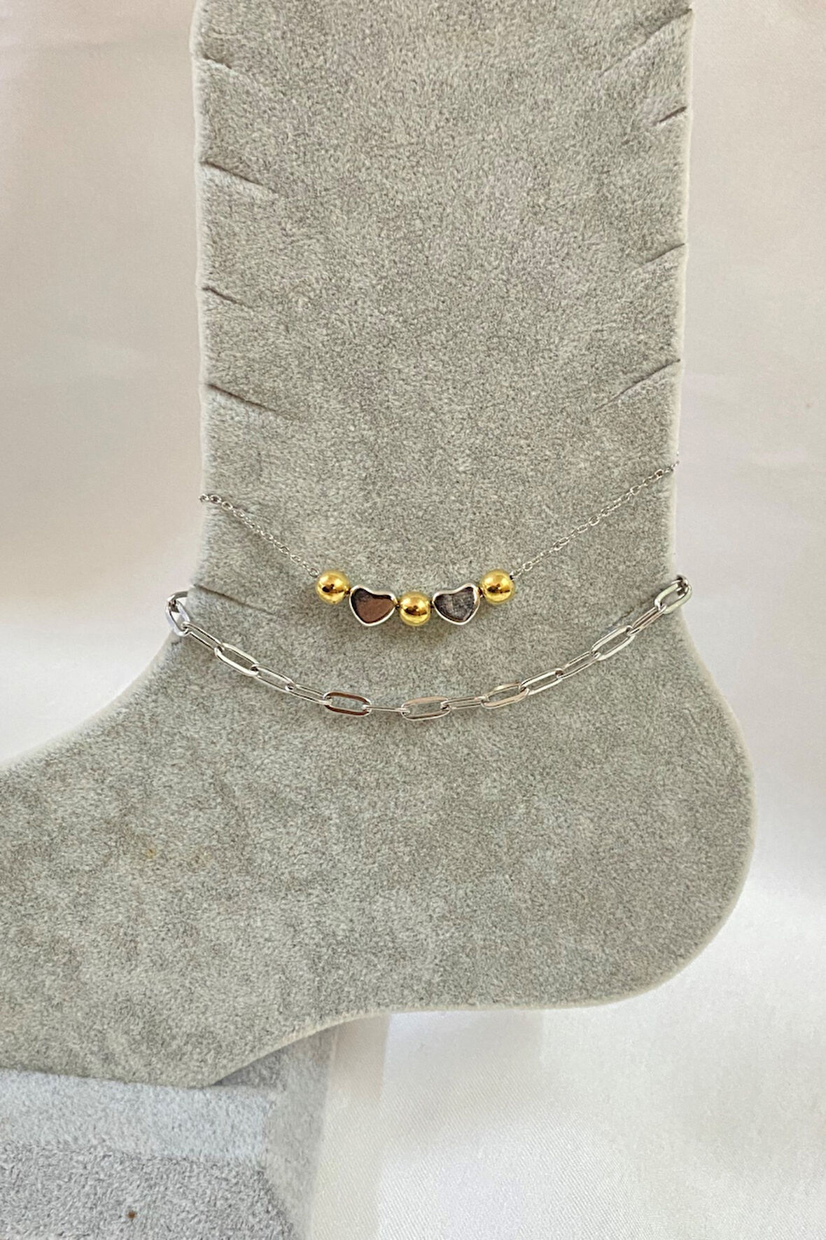 Gümüş Renk Küre Kalp Model Ezme Ve Sf Zincir Çelik Halhal - 3277