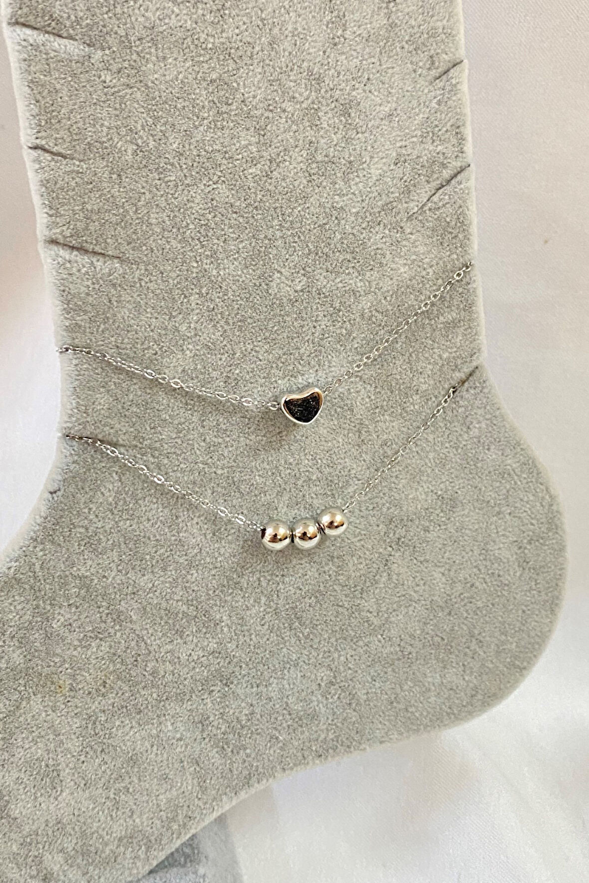 Gümüş Renk Top Kalp Model Sf Ve Sf Zincir Çelik Halhal - 3284