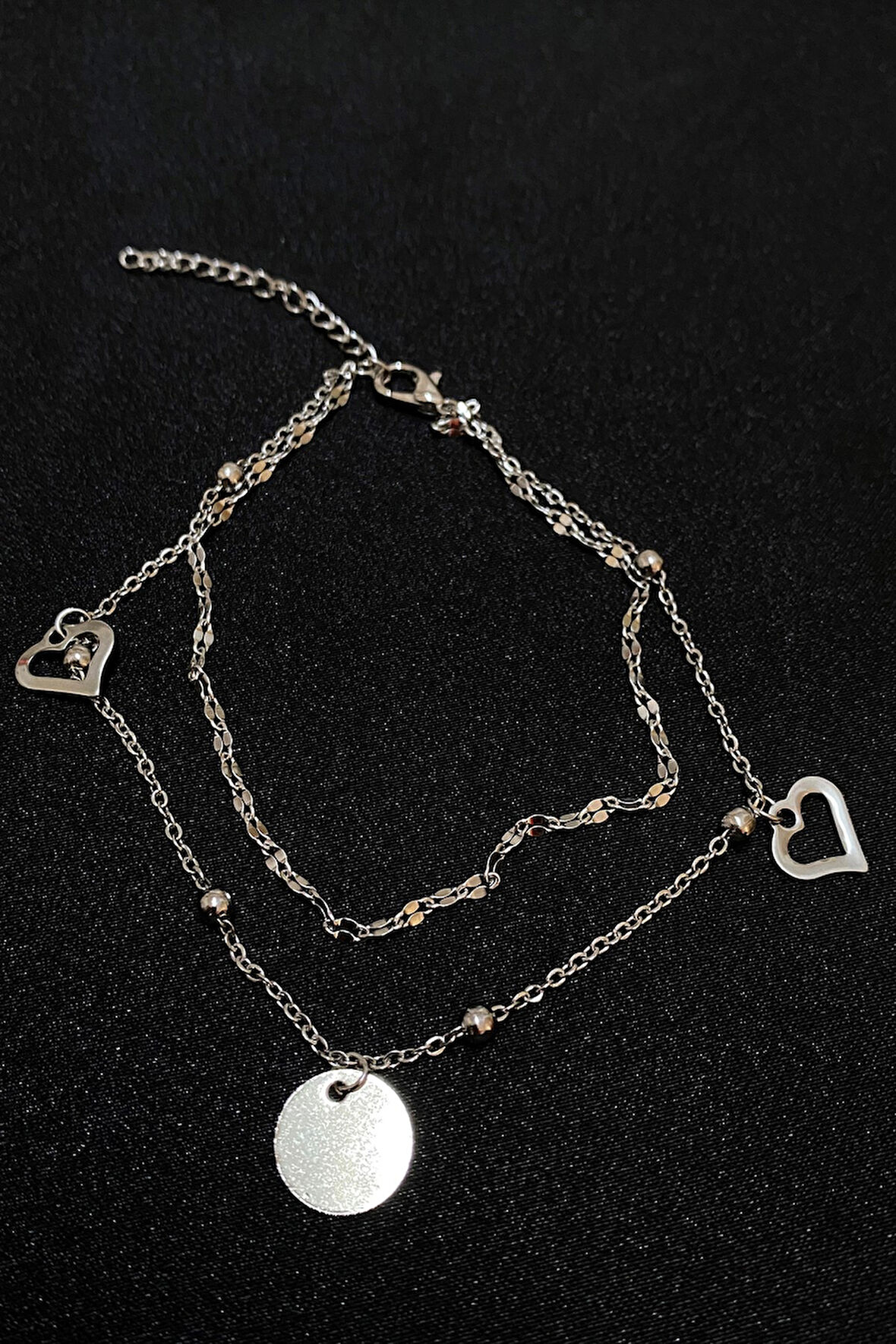 Gümüş Renk Pul Kalp  Model Singapur Ve Top Zincir Çelik Halhal - 3291