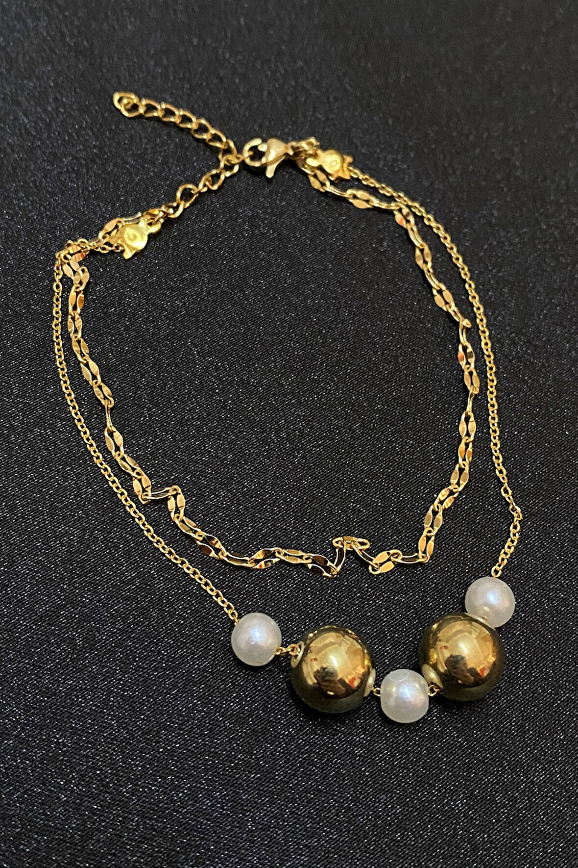 Altın Renk İnci Küre Model Singapur Ve Sf Zincir Çelik Halhal - 3292