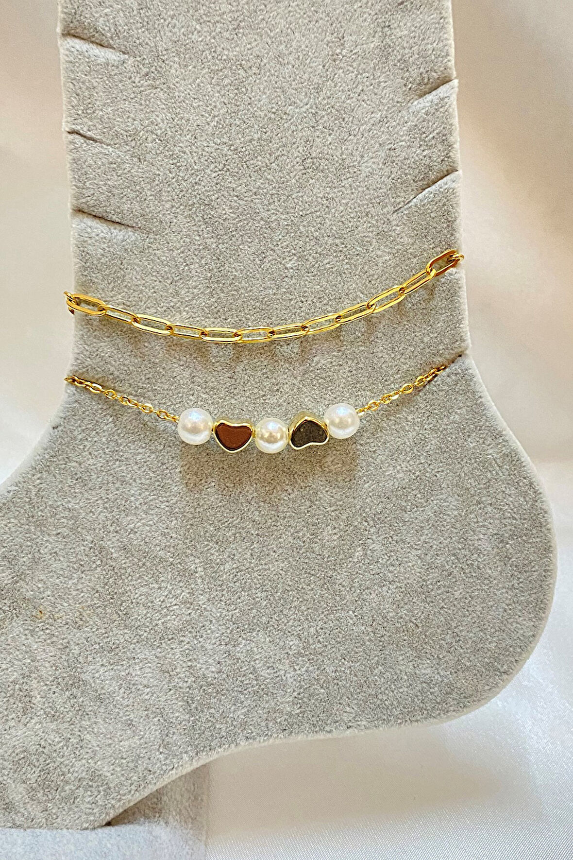 Altın Renk İncili Kalp Model Ezme Ve Sf Zincir Çelik Halhal - 3293