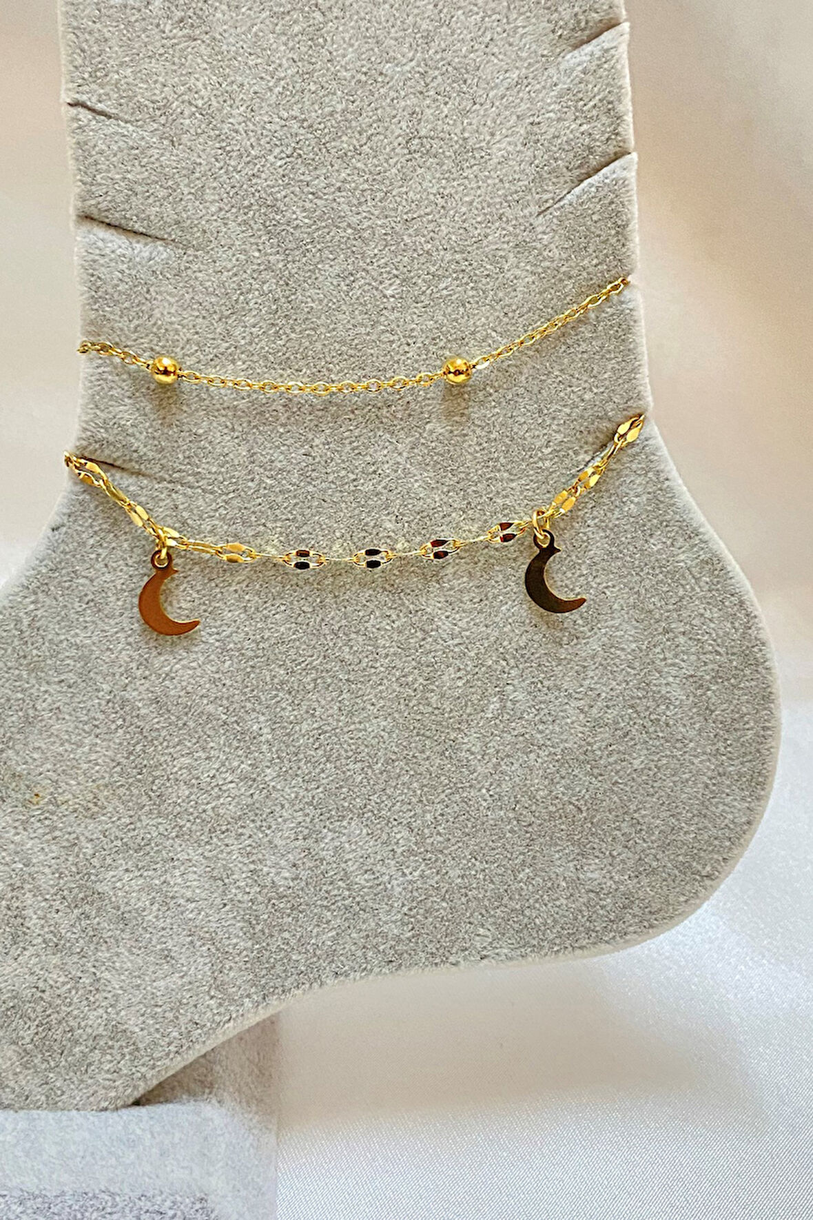 Altın Renk Hilal Model Top Ve Singapur Zincir Çelik Halhal - 3294