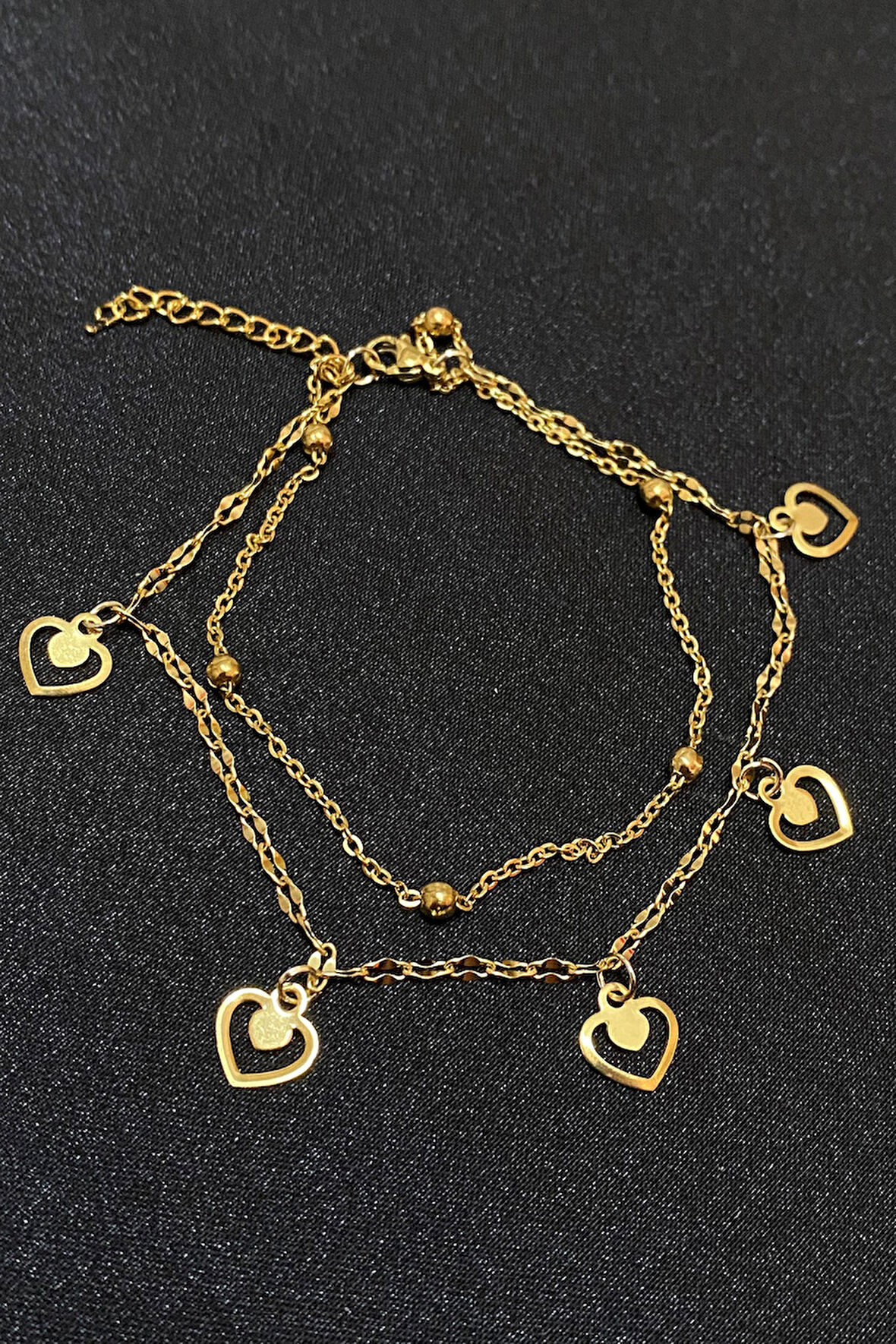 Altın Renk Kalp Model Top Ve Singapur Zincir Çelik Halhal - 3295