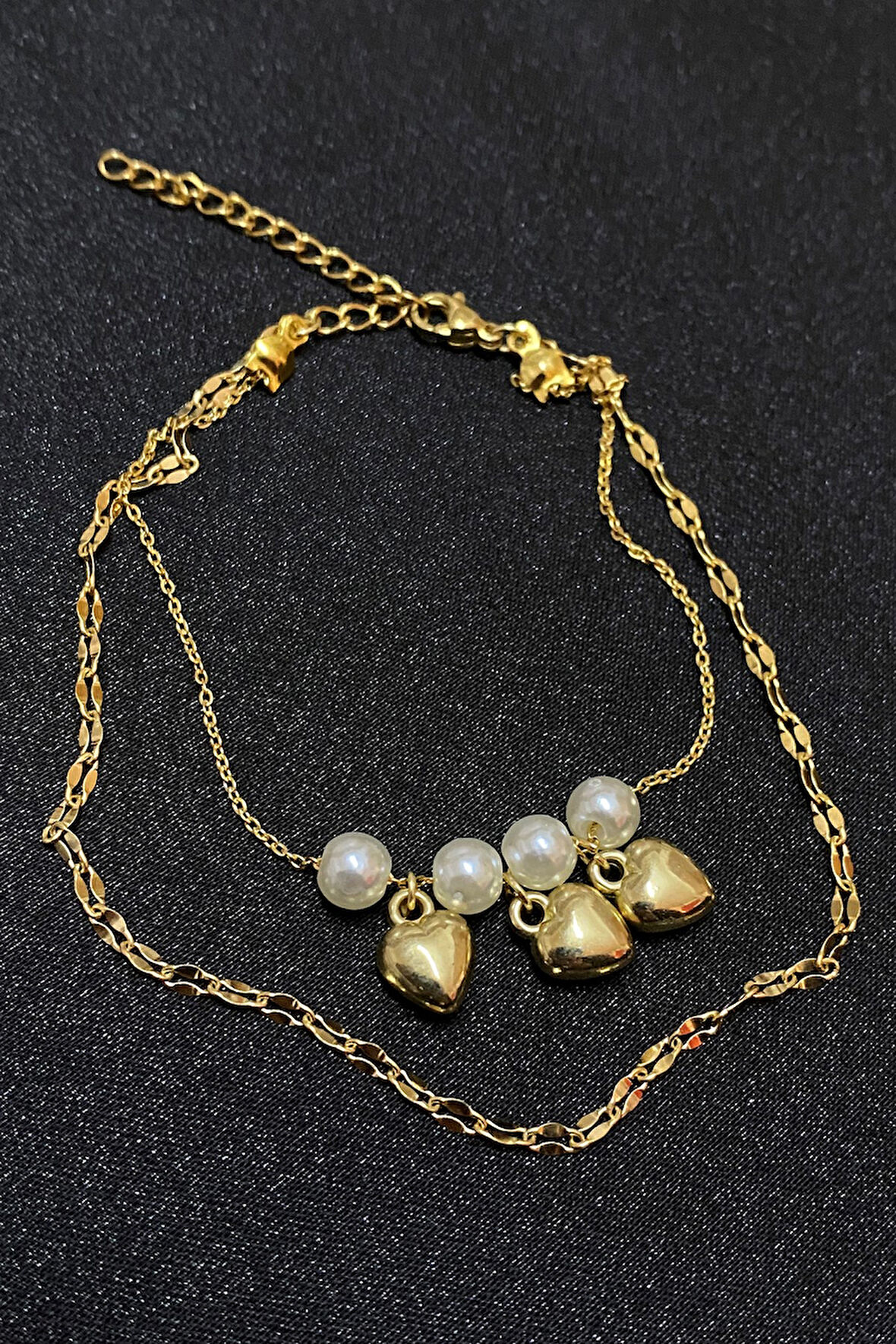 Altın Renk İnci Kalp Model Singapur Ve Sf Zincir Çelik Halhal - 3296