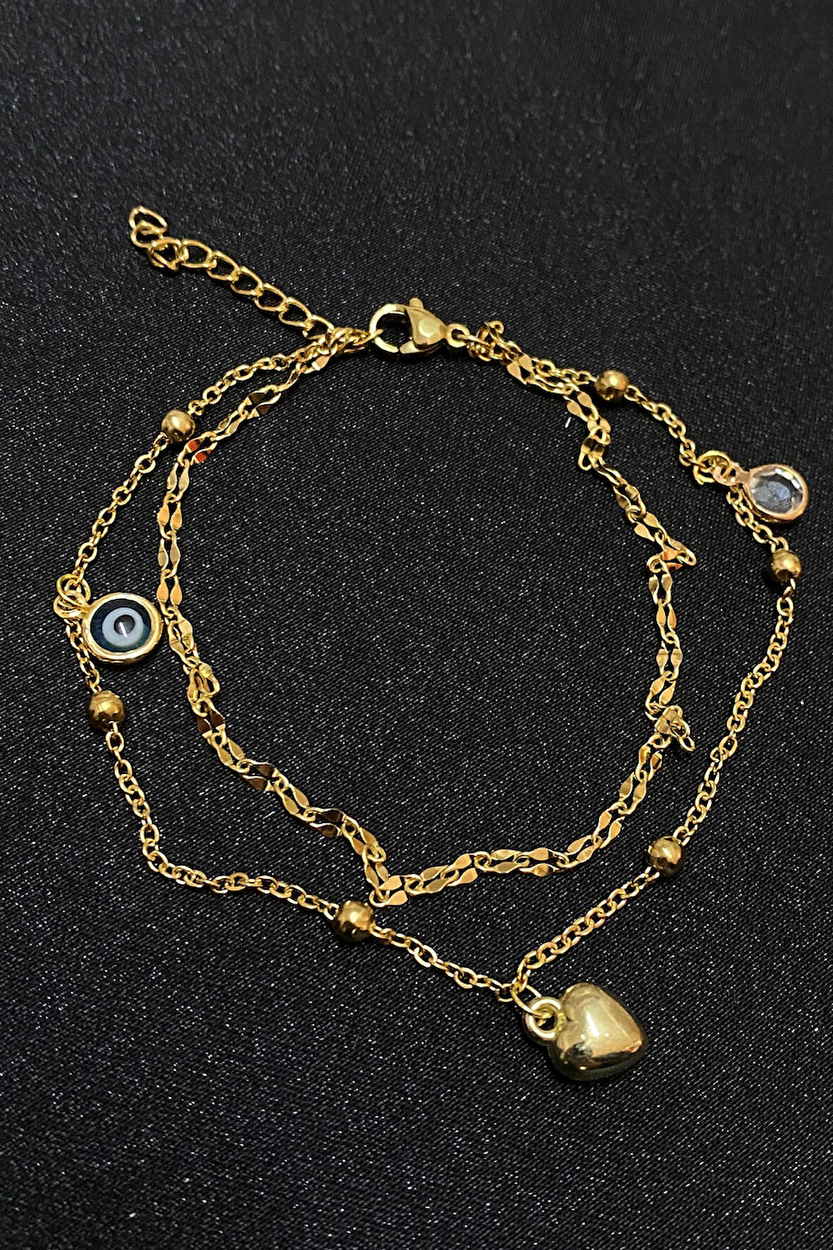 Altın Renk Nazar Göz Kalp Model Singapur Ve Top Zincir Çelik Halhal - 3298