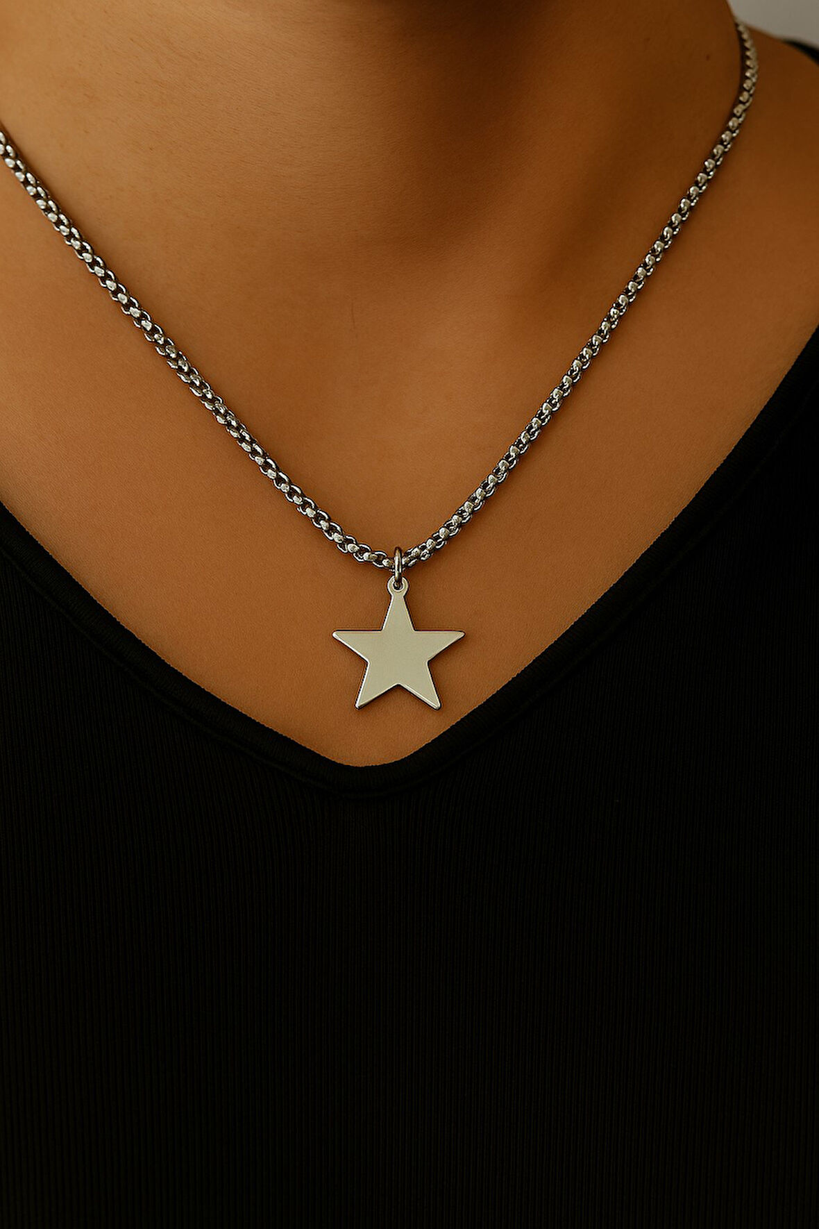 Gümüş Renk Yıldız Model Unisex Arnavut Zincir Çelik Kolye - 3307