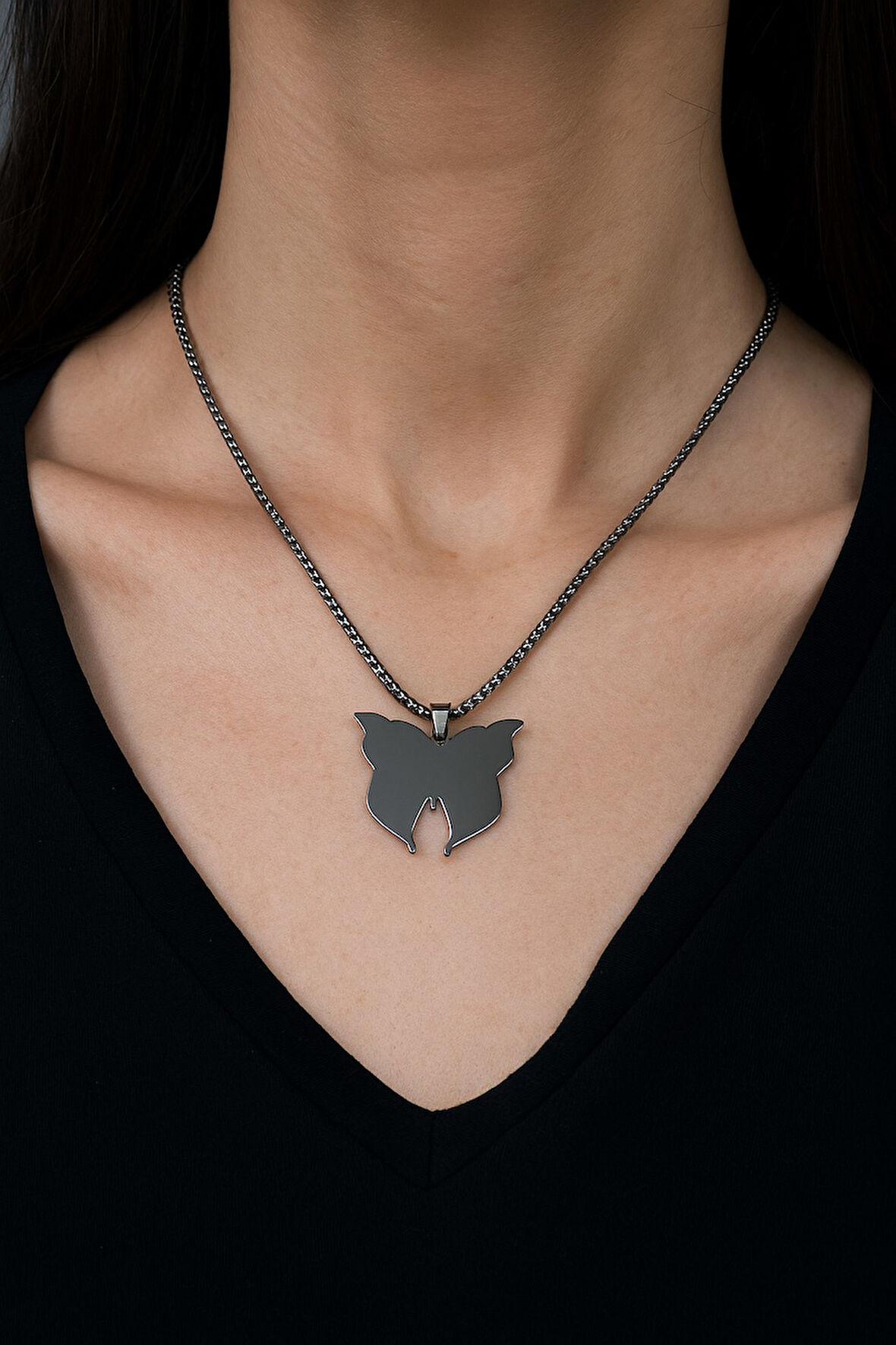 Gümüş Renk Kelebek Model Unisex Arnavut Zincir Çelik Kolye - 3310