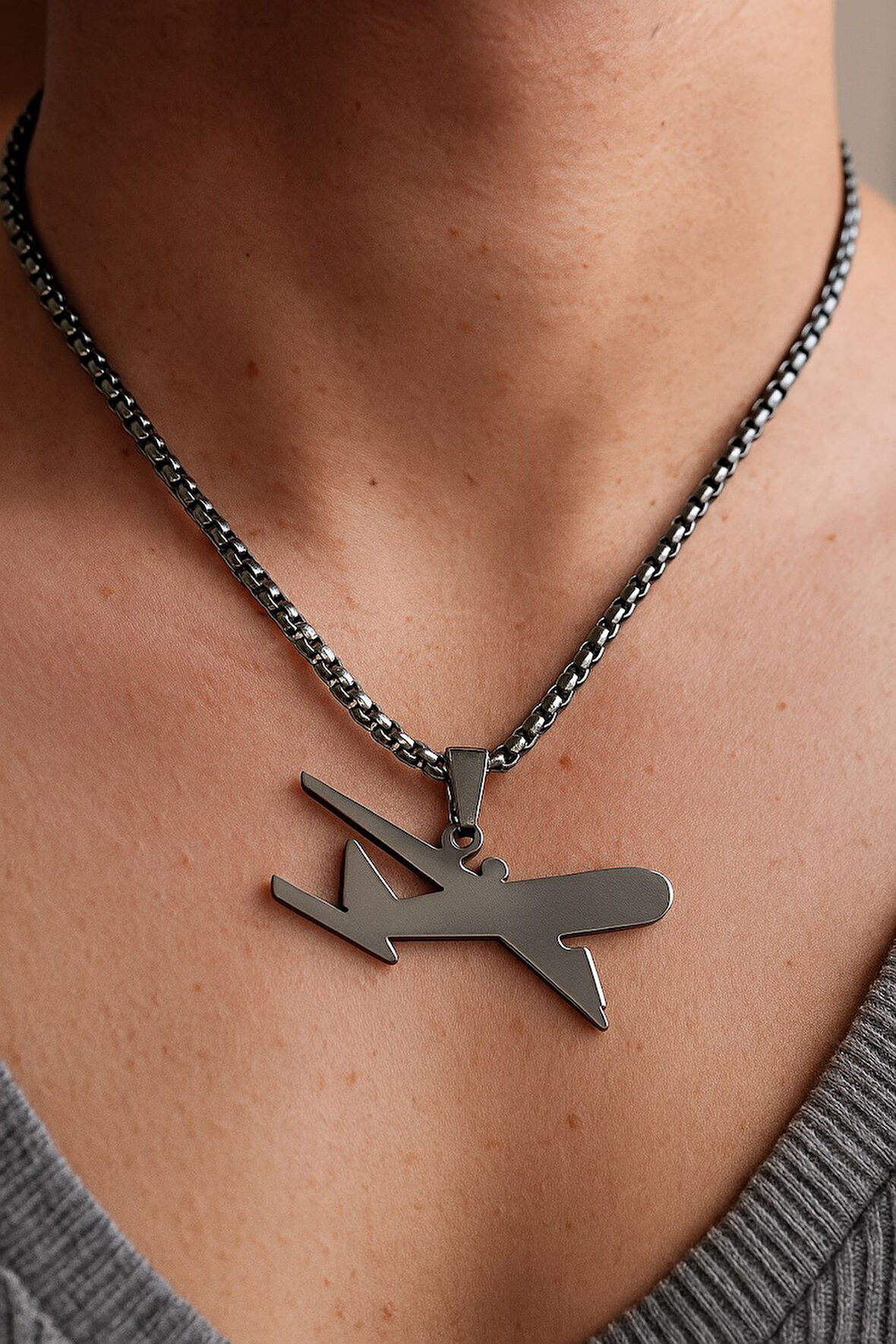 Gümüş Renk Uçak Model Unisex Arnavut Zincir Çelik Kolye - 3314
