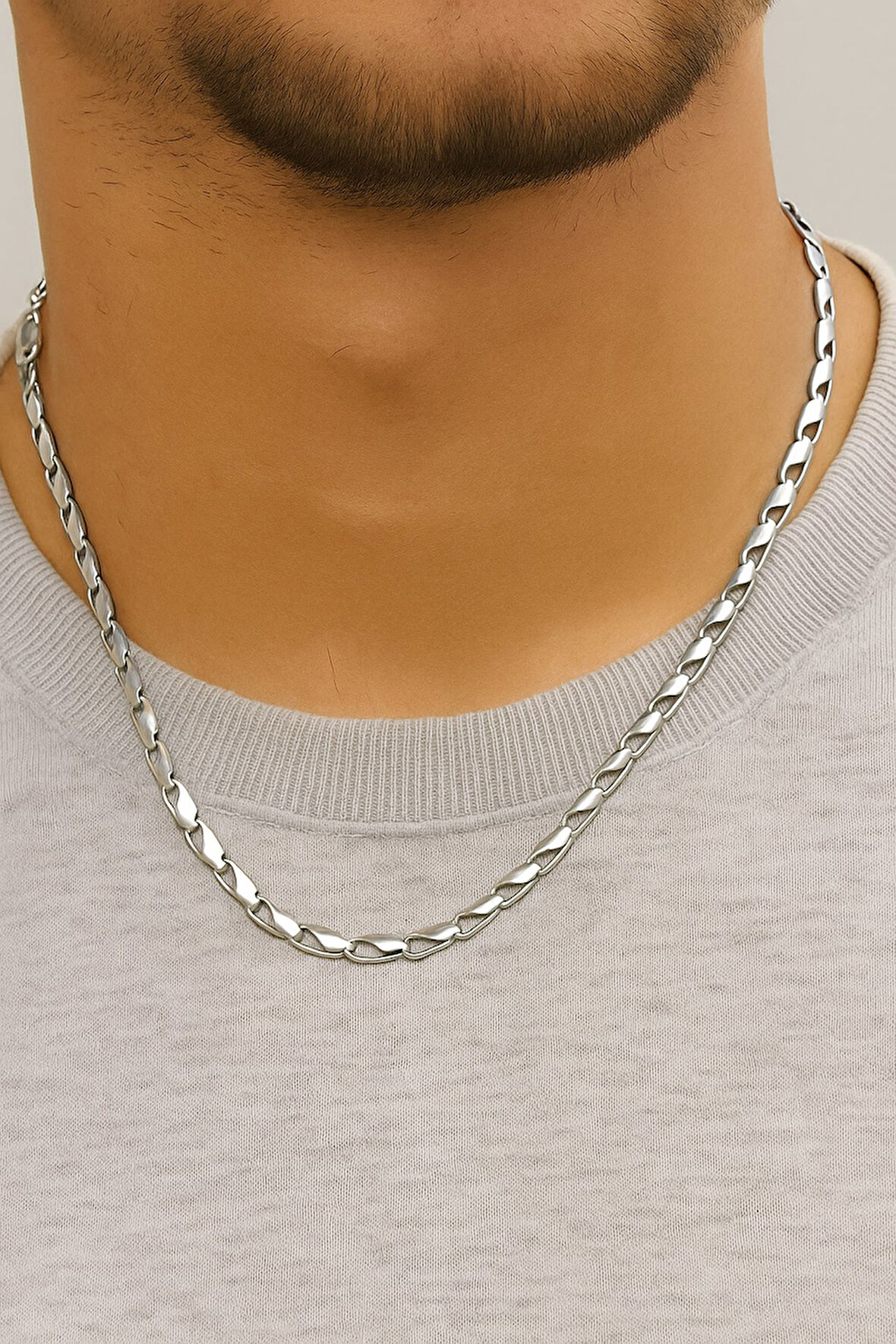 Gümüş Renk Kesik Arpa Unisex Çelik Kolye - 3350