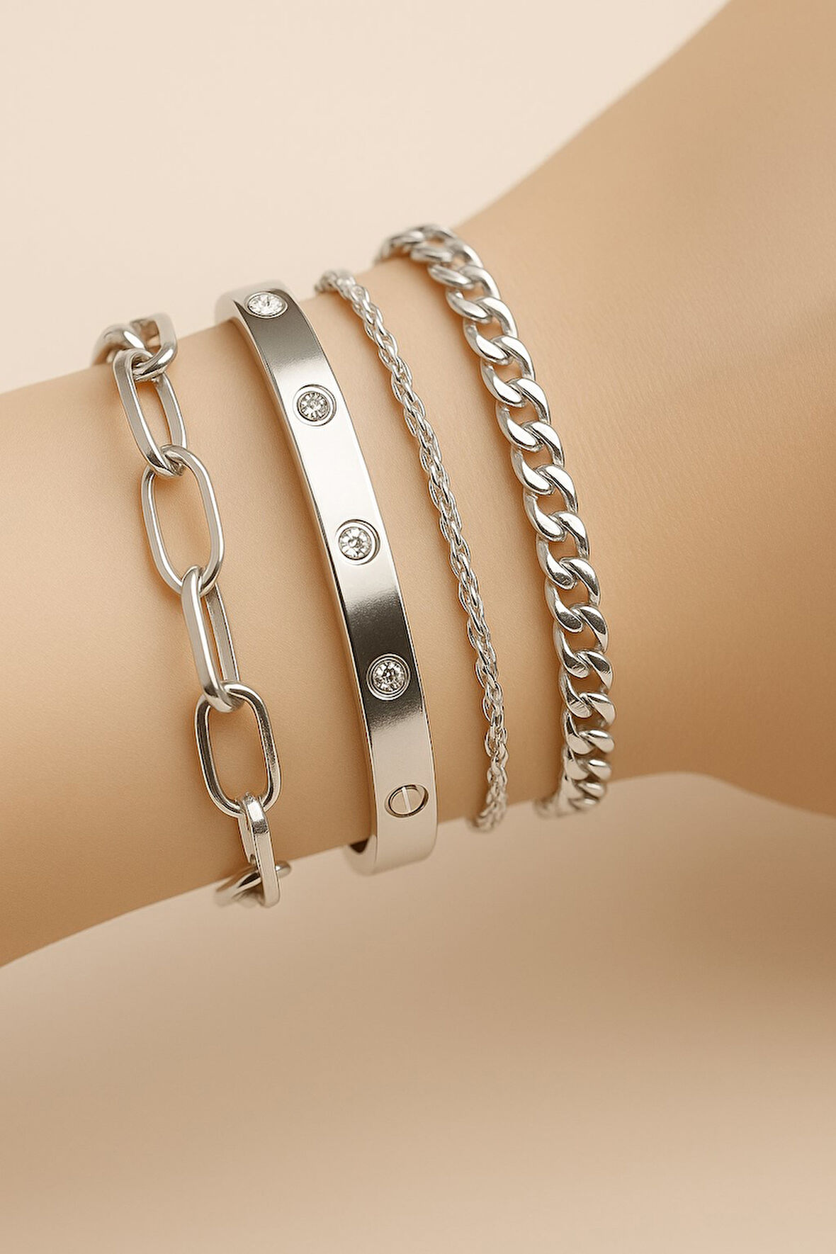 Gümüş  Renk Dikdörtgen Taşlı Burgu Cadena Zincir Kombin Bileklik - 3372