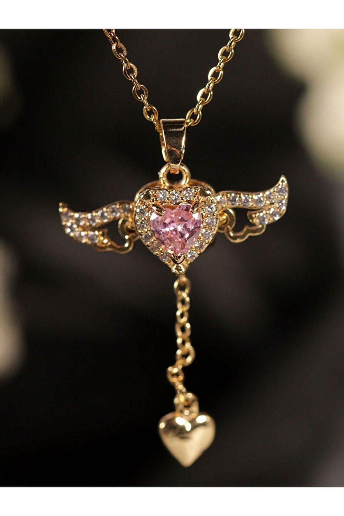 Altın Renk Sevgi Kalp Kanat Meleği Kolye Kadın Çelik Kolye - 3414