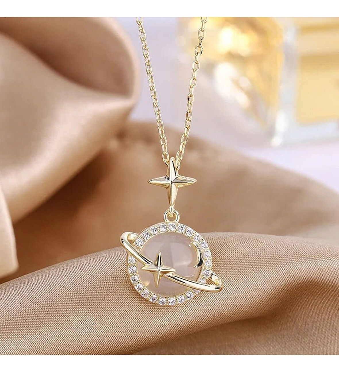 Altın Renk Opal Yıldız Gezegen  Satürn Çelik Kolye - 3419