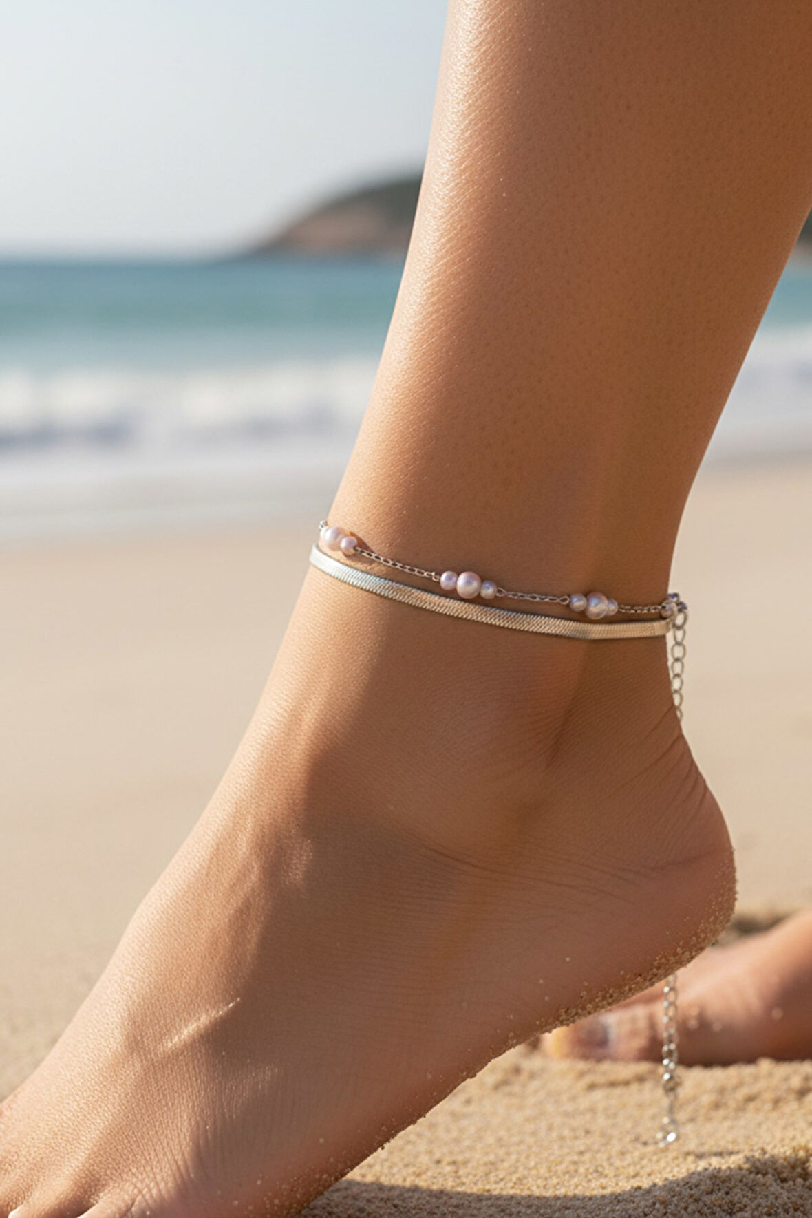 Gümüş Renk İtalyan 3 İnci Çelik Halhal - 3492