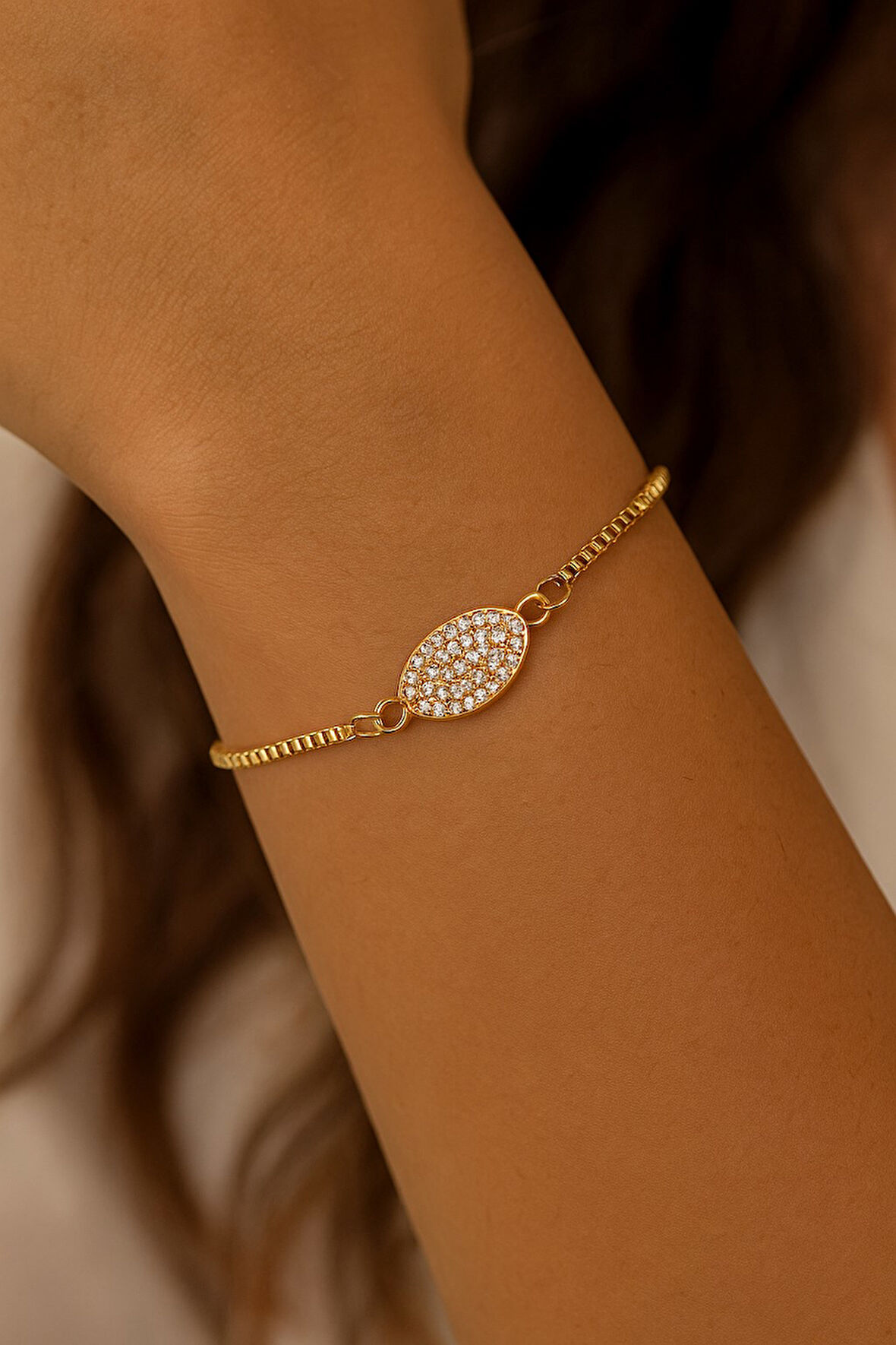 Altın Renk Mekik Model Beyaz Taş Asansör Çelik Bileklik - 3583