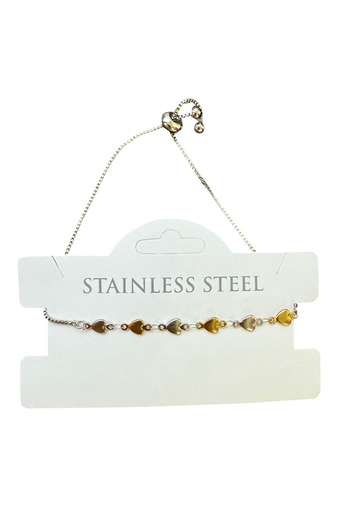 Gümüş Renk Kalp Sarı Beyaz Zincir Asansör Çelik Bileklik - 3586