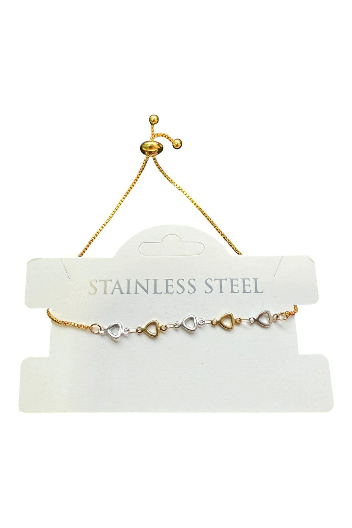 Altın Renk İçi Boş Kalp Sarı Beyaz Zincir Asansör Çelik Bileklik - 3612