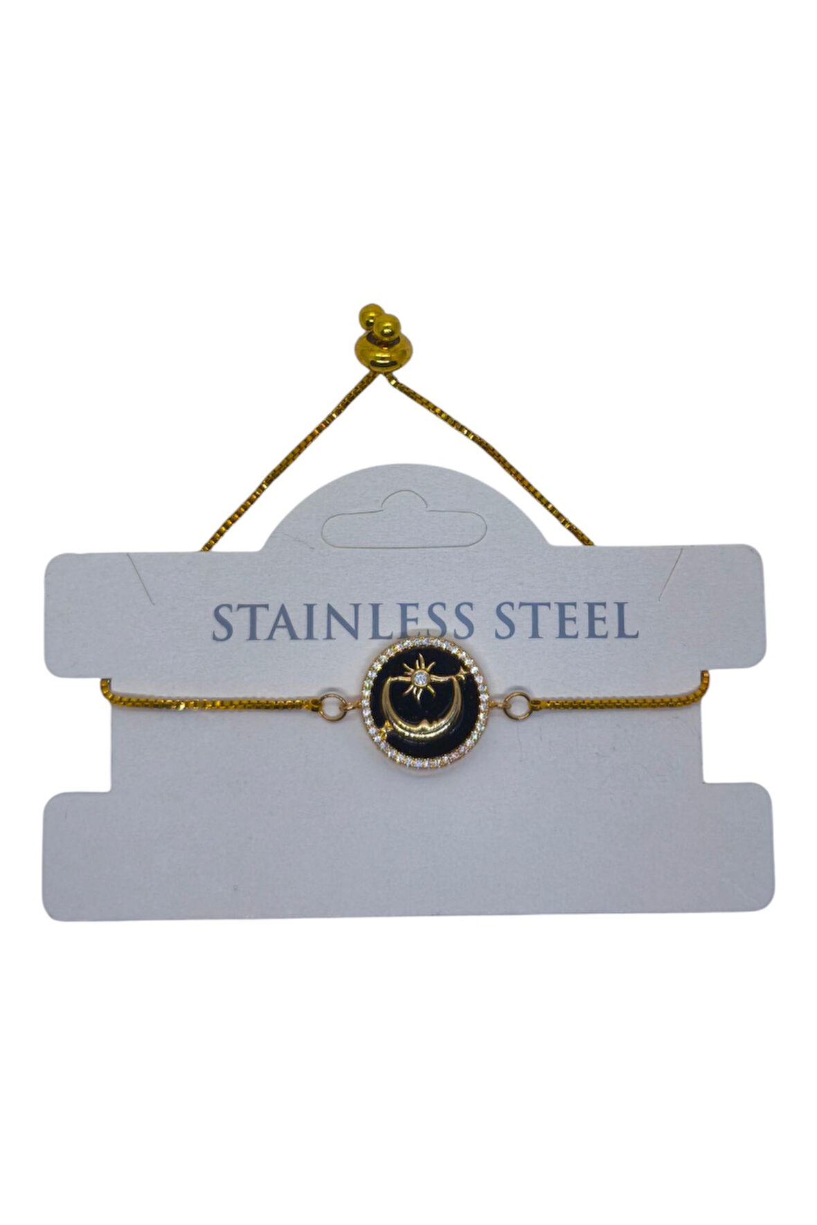 Altın Renk Siyah Mine Ay Yıldız Asansör Çelik Bileklik - 3624