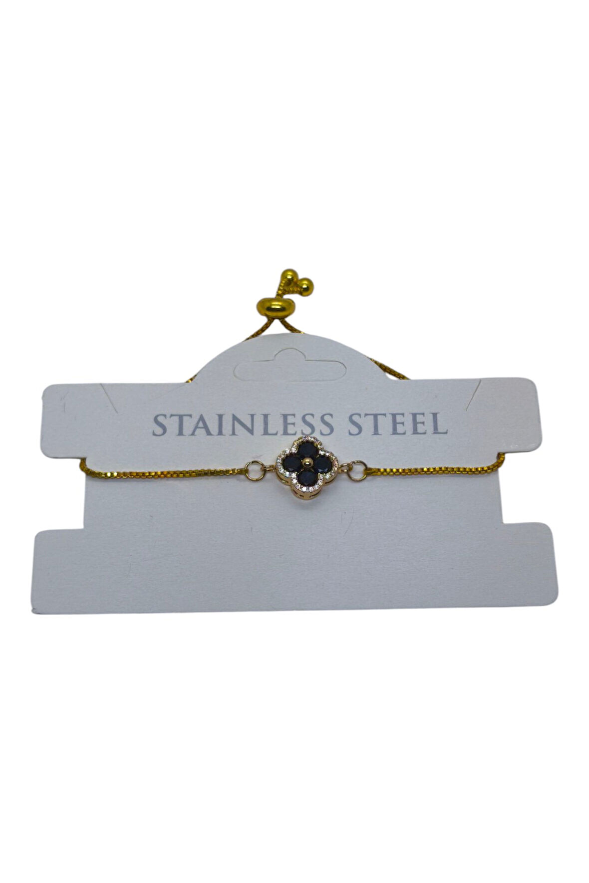 Altın Renk Siyah Taş Van Cleff Yonca Asansör Çelik Bileklik - 3625