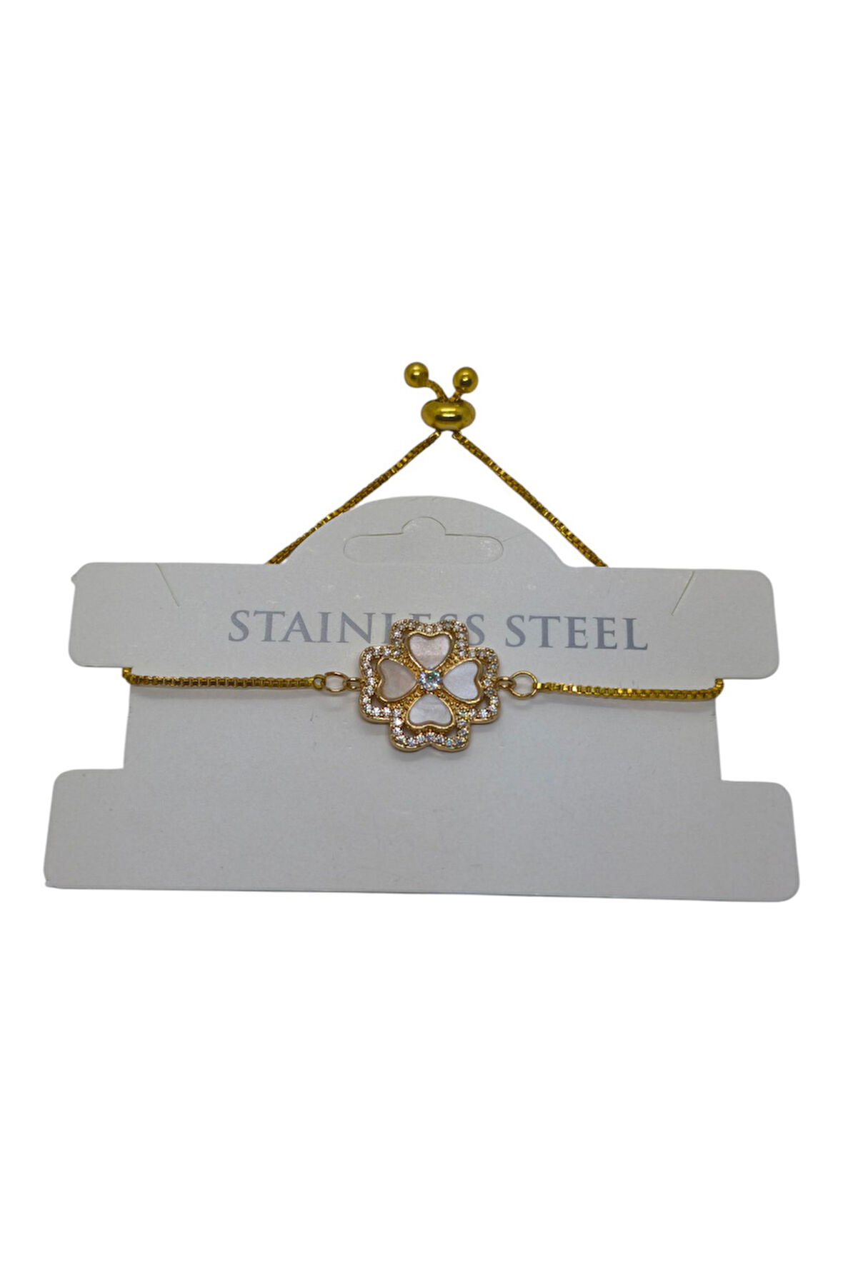 Altın Renk Van Cleef Yonca Krem Sedef Asansör Çelik Bileklik - 3630