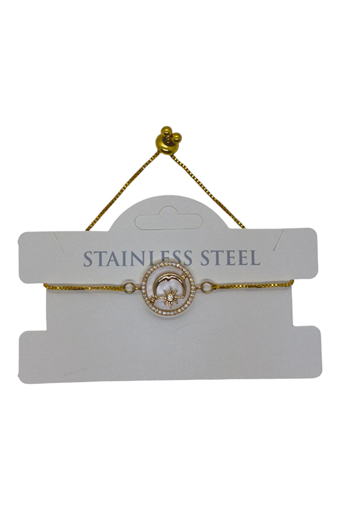 Altın Renk Beyaz Sedef Ay Yıldız Asansör Çelik Bileklik - 3631