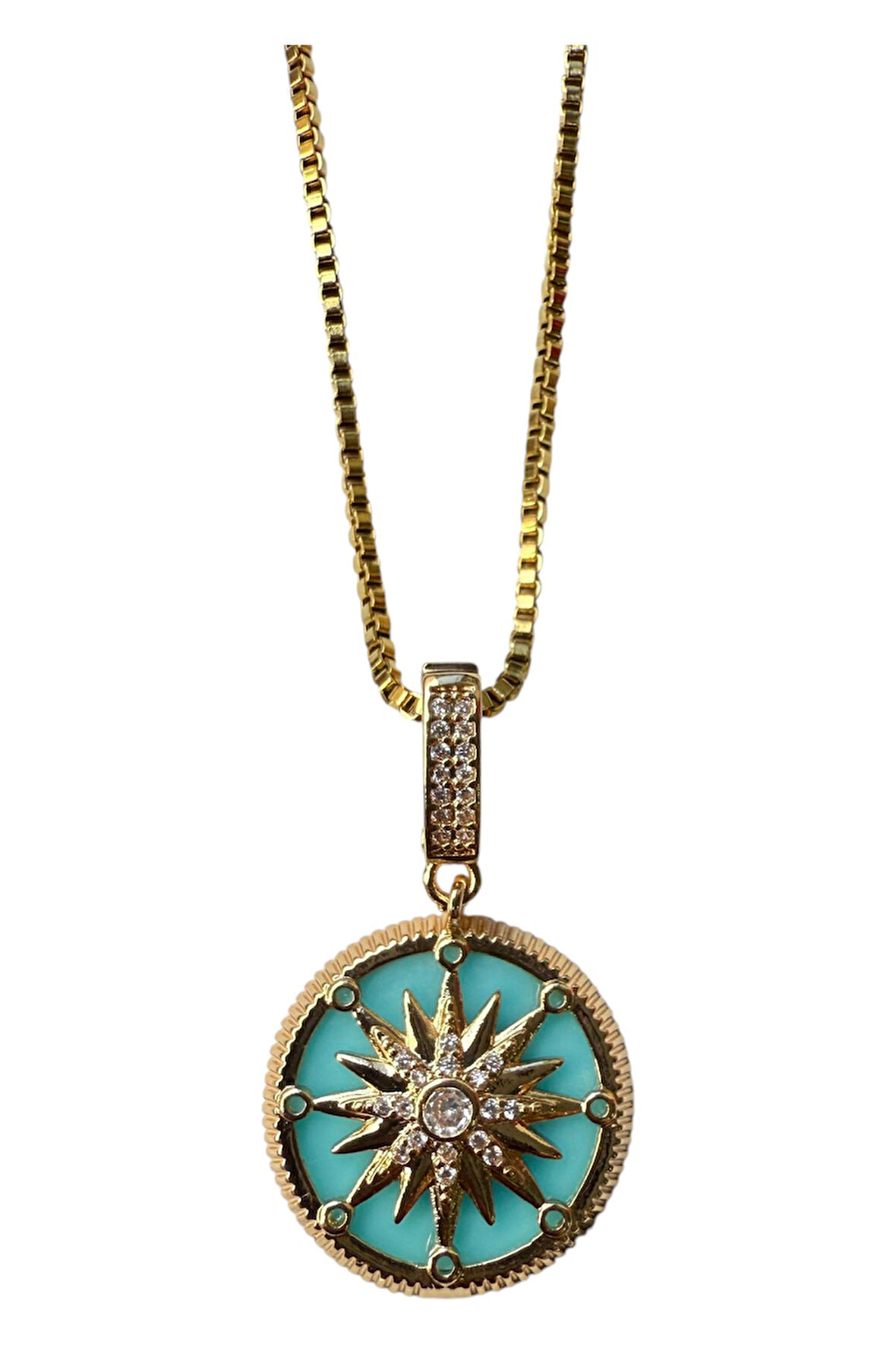 Altın Renk Yeşil Mine Yuvarlak Güneş Asansör Zincir Çelik Kolye - 3639