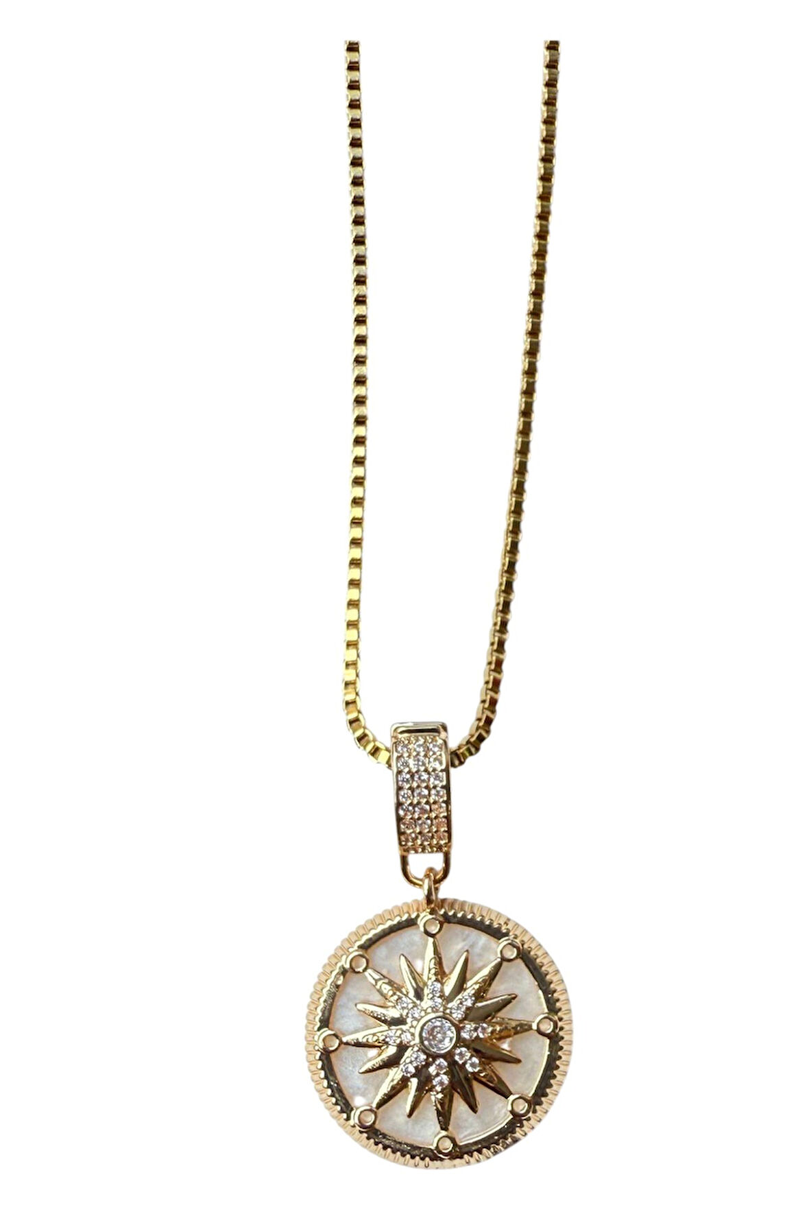 Altın Renk Beyaz Sedef Yuvarlak Yıldız Asansör Zincir Çelik Kolye - 3643