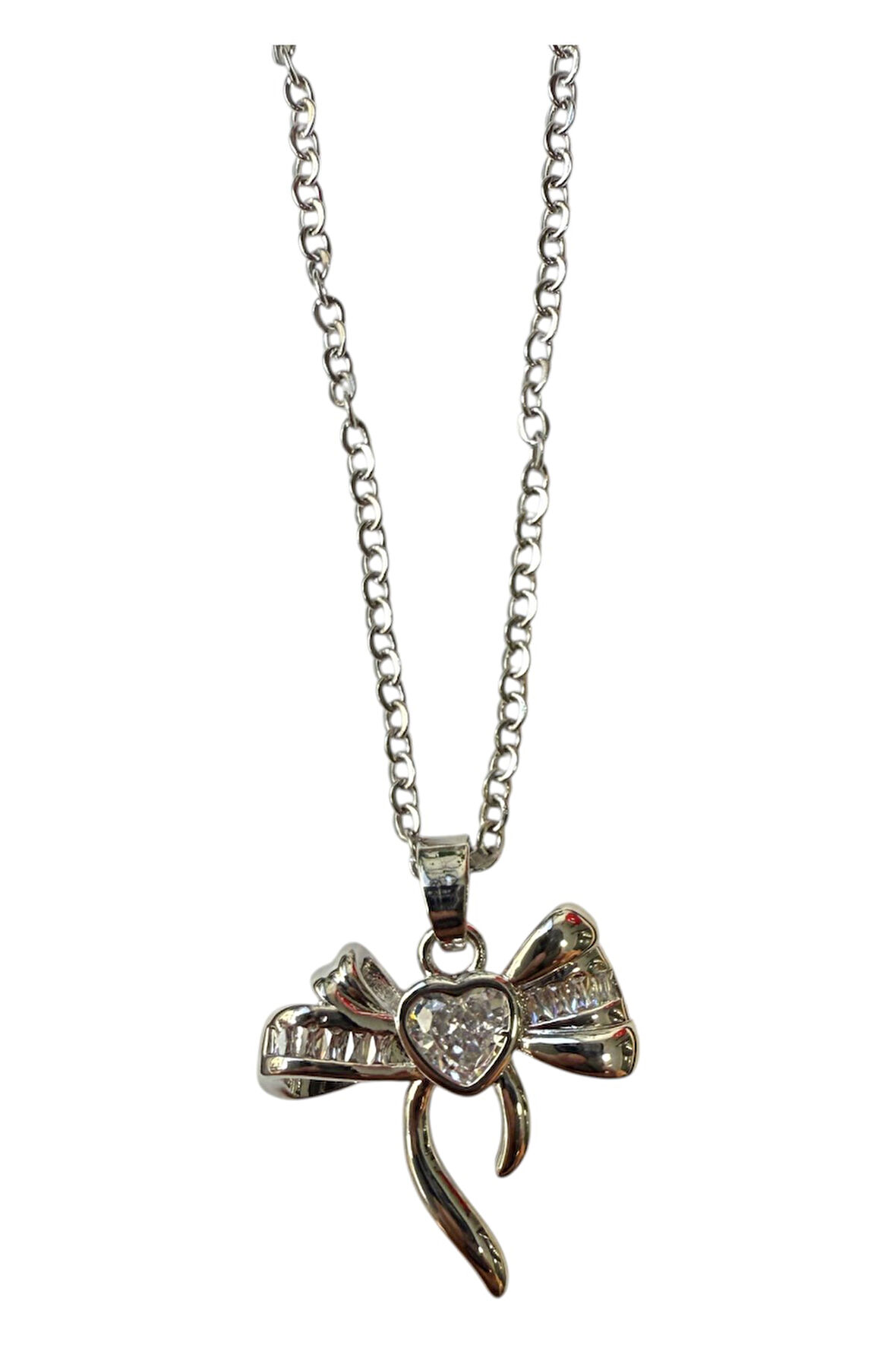 Gümüş Renk Kalp Fiyonk Beyaz Taş Sf Zincir Çelik Kolye - 3652