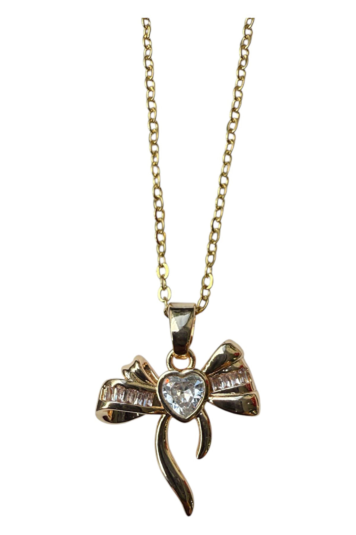 Altın Renk Kalp Fiyonk Beyaz Taş Sf Zincir Çelik Kolye - 3654