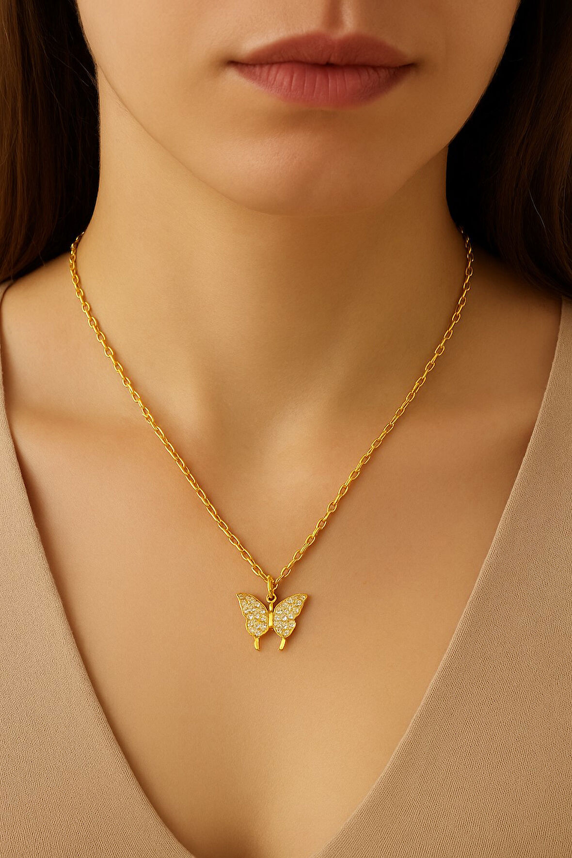 Altın Renk Kelebek Sf Zincir Çelik Kolye - 3665