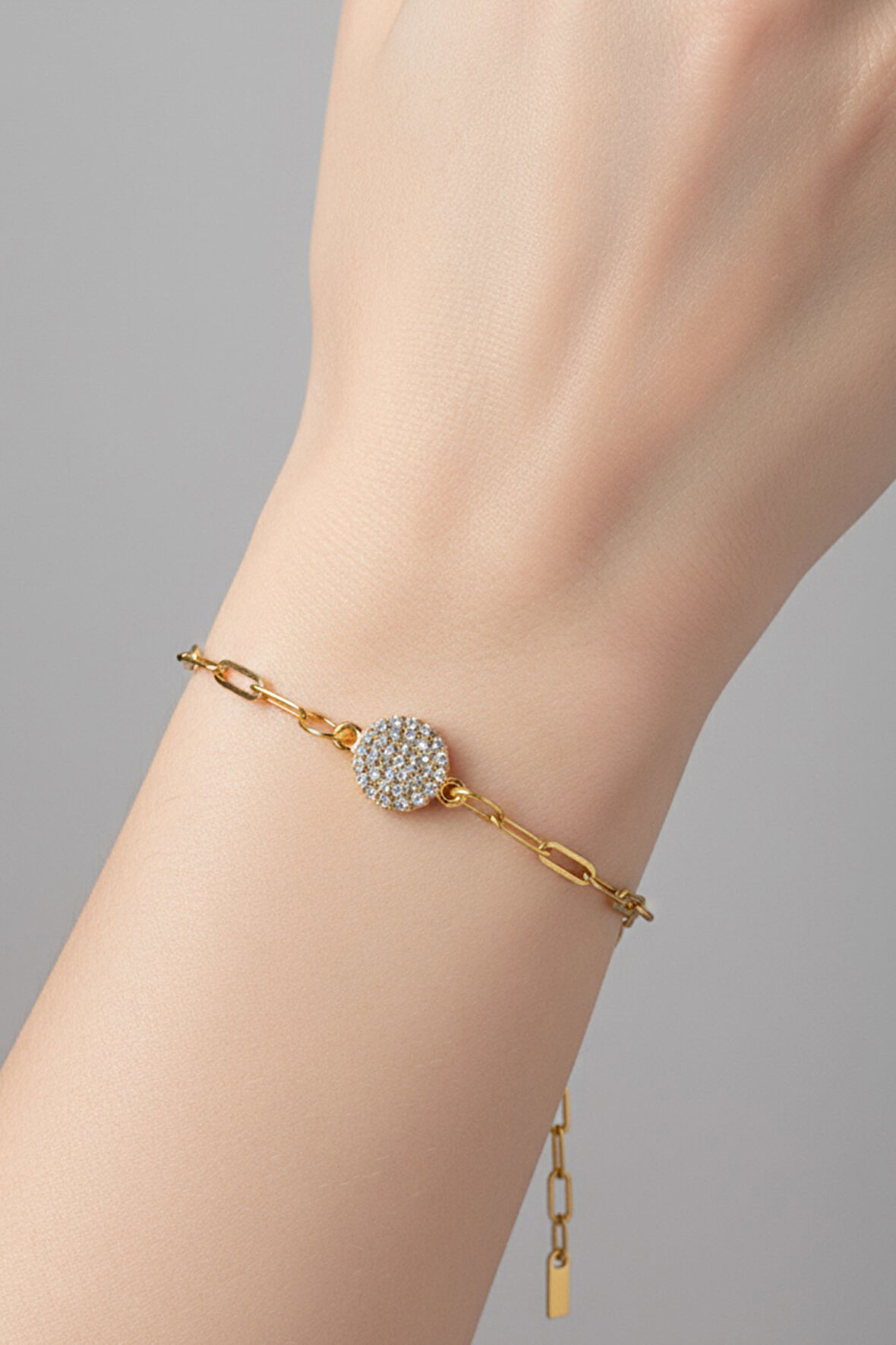 Altın Renk Tombul  Yuvarlak Beyaz Model Ataç Zincir Çelik Bileklik - 3674