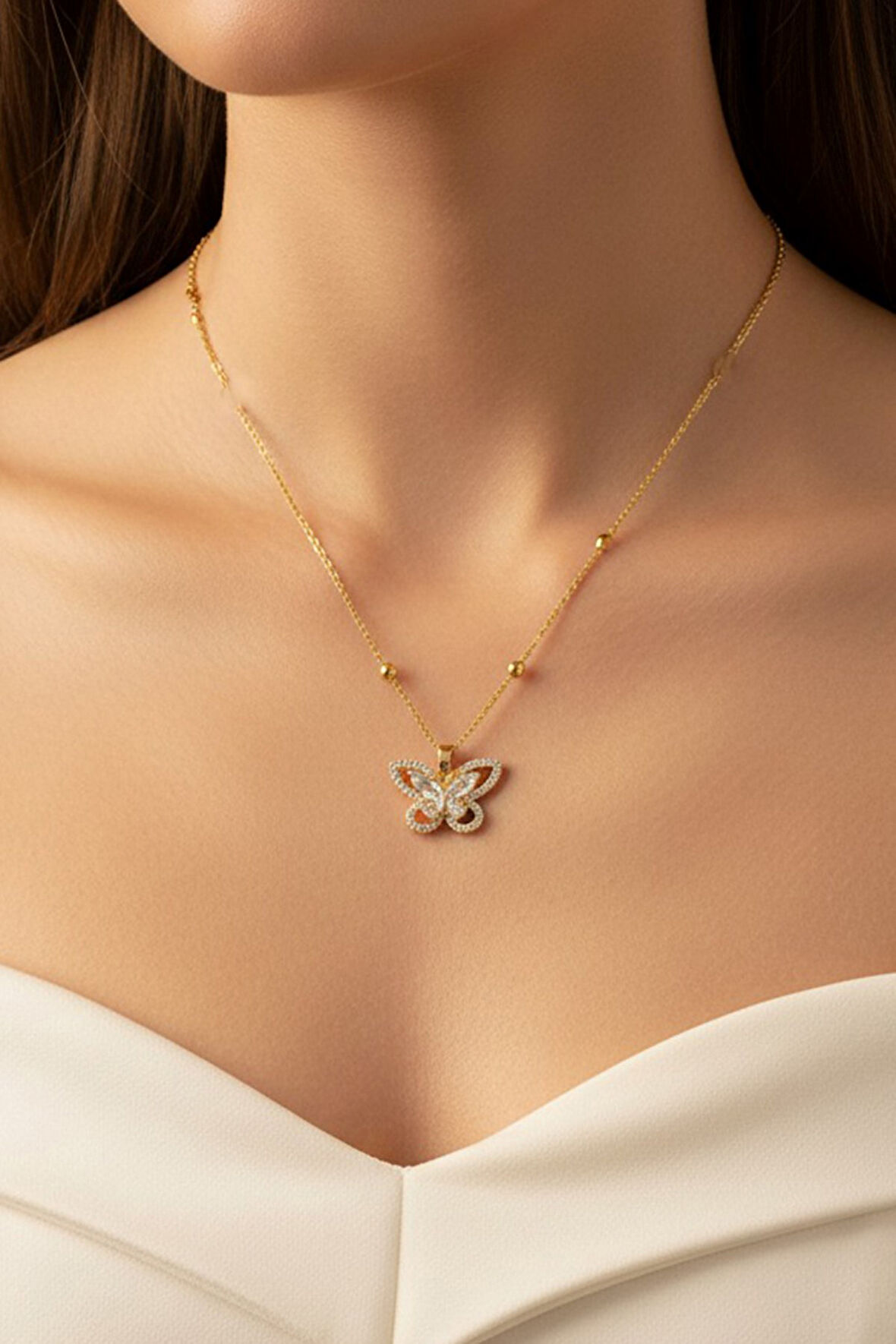 Altın Renk Kelebek Model Top Zincir Çelik Kolye - 3688