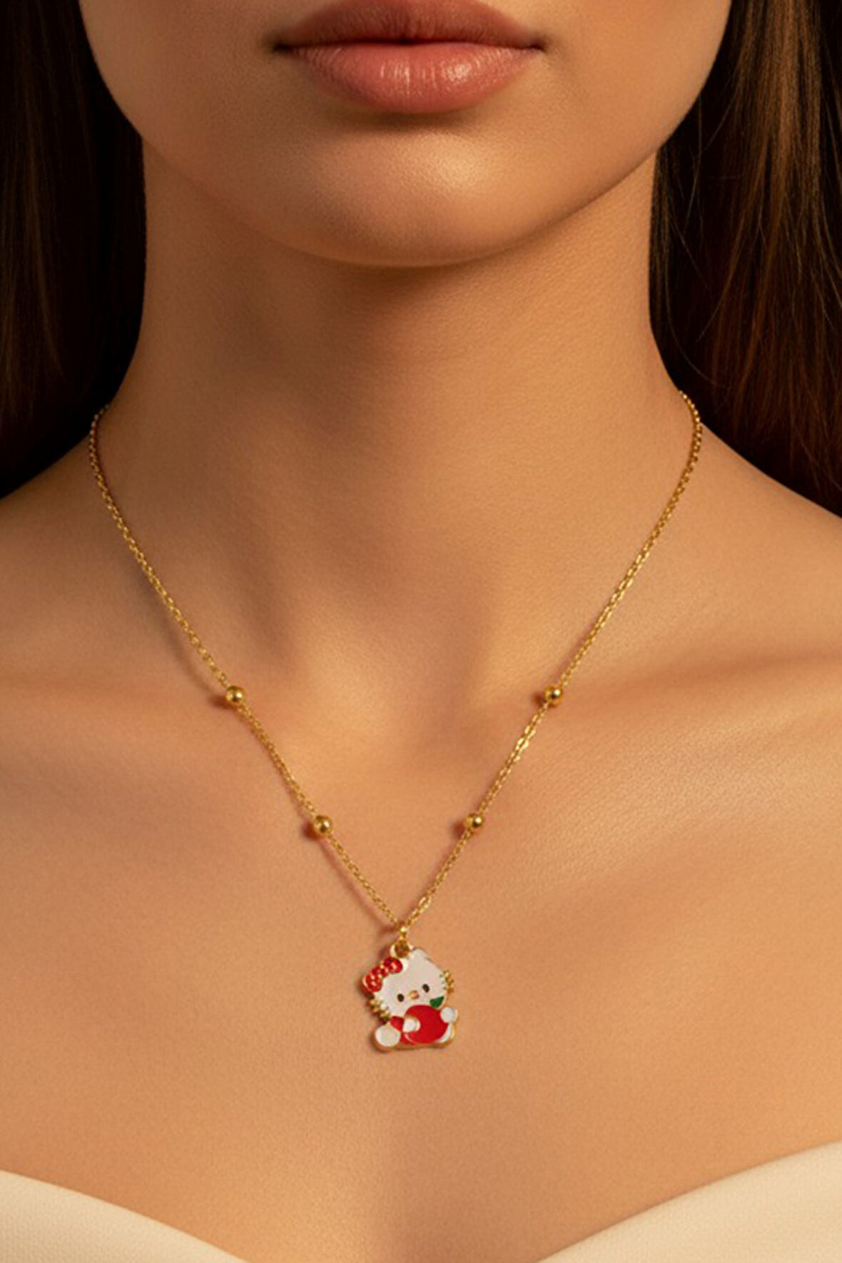 Altın Renk Hello Kitty Kedi Model Top Zincir Çelik Kolye - 3689