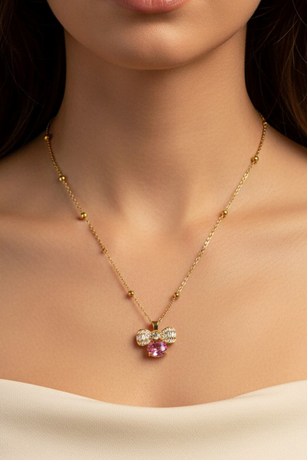 Altın Renk Pembe Fiyonk Model Top Zincir Çelik Kolye - 3691