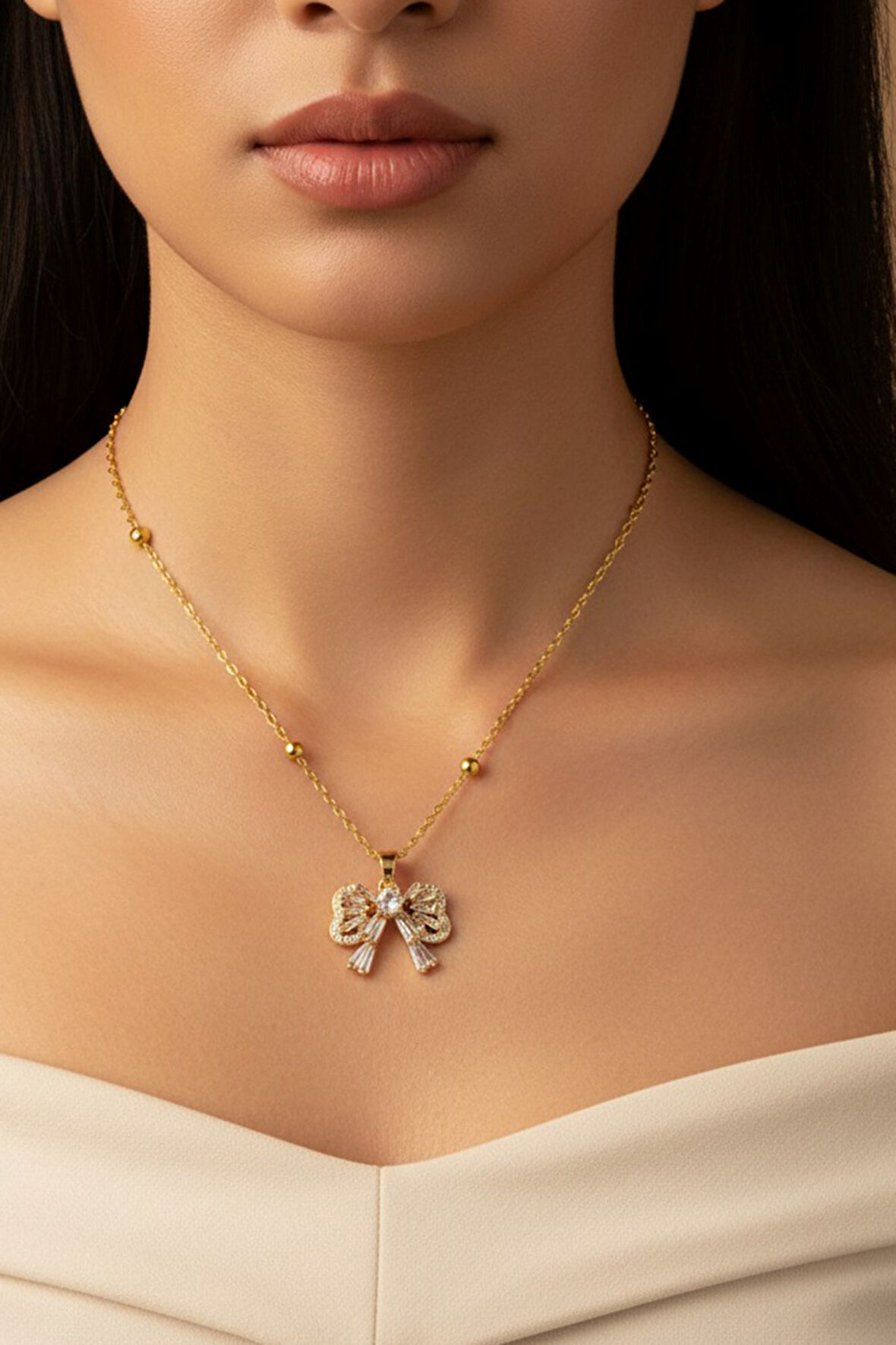 Altın Renk Baget Fiyonk Model Top Zincir Çelik Kolye - 3692