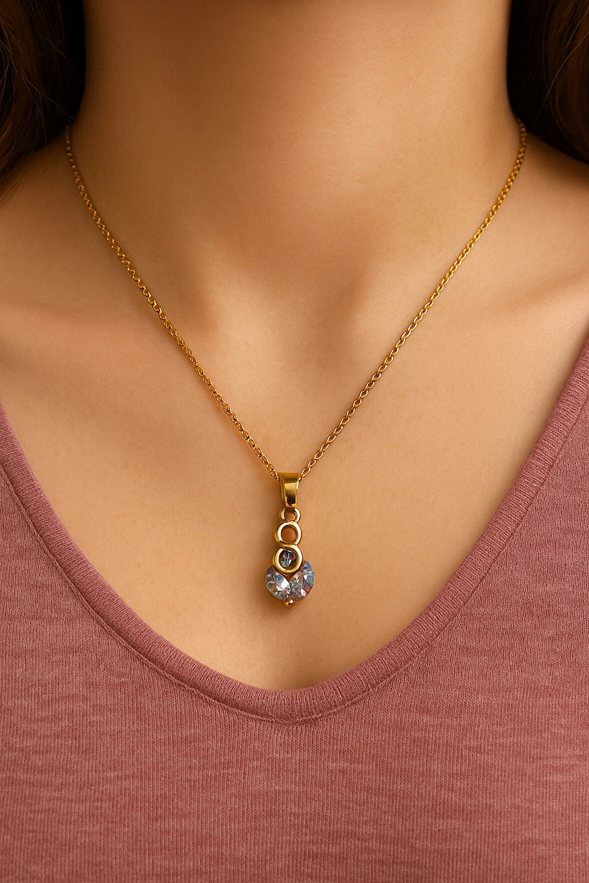 Altın Renk Sonsuzluk Tek Taş Model Top Zincir Çelik Kolye- 3701