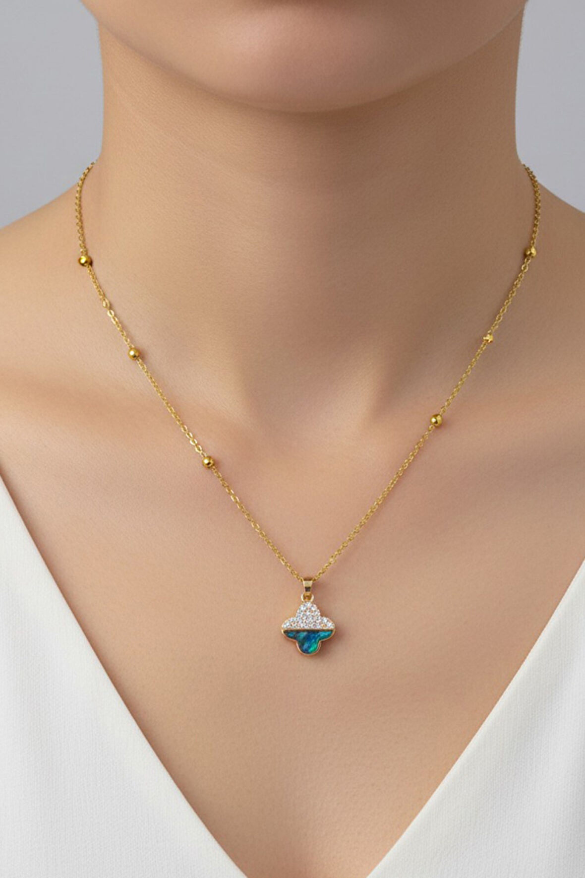 Altın Renk Van Cleef Yonca Taşlı Altı Sedef Model Top Zincir Çelik Kolye- 3705