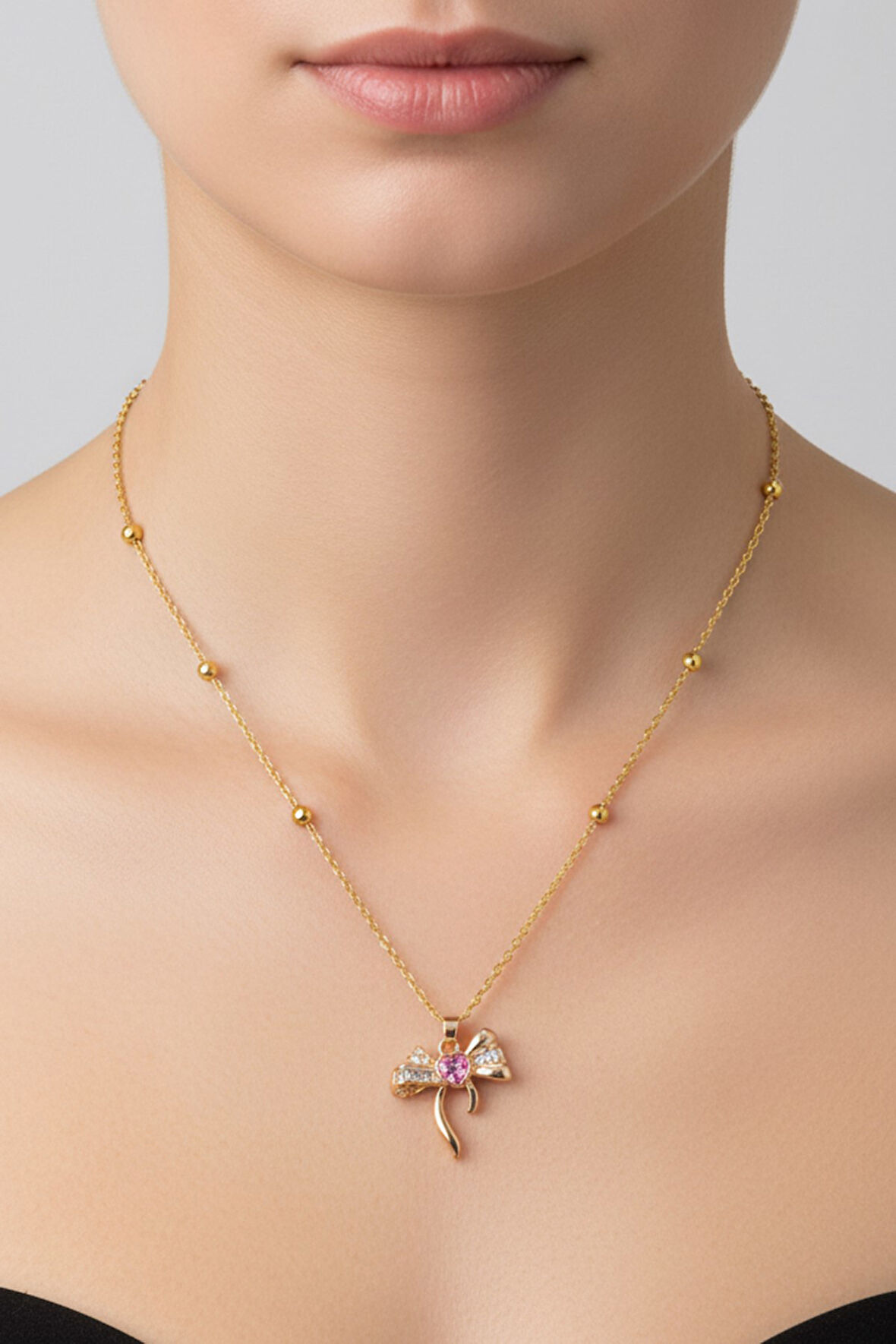 Altın Renk Pembe Taş Fiyonk  Model Top Zincir Çelik Kolye- 3714
