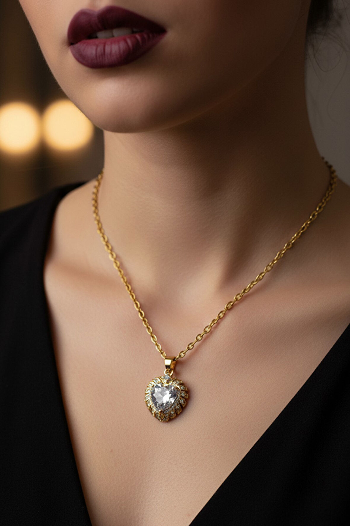 Altın Renk Beyaz Taş Kalp Model Sf Zincir Çelik Kolye - 3721