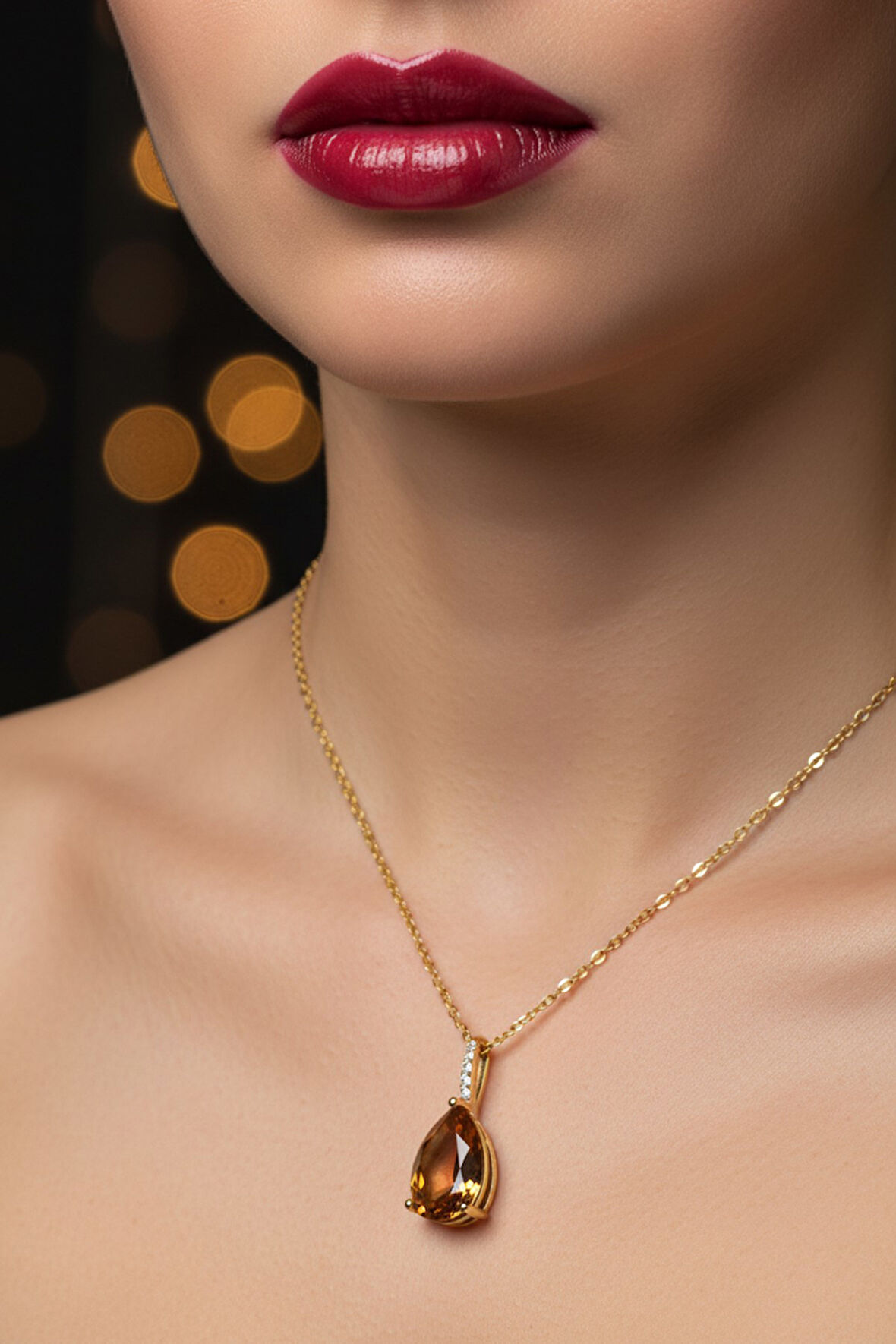 Altın Renk Sıra Taşlı Amber  Damla Model  Sf  Zincir Çelik Kolye - 3747