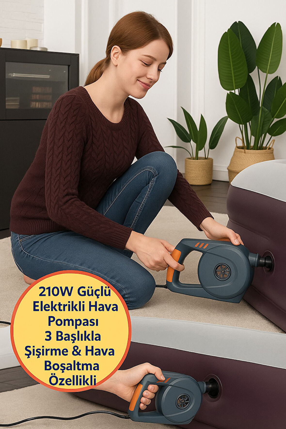 210W Güçlü Elektrikli Hava Pompası – Şişirme ve Hava Boşaltma - 3 Uyumlu Başlık ile 220V