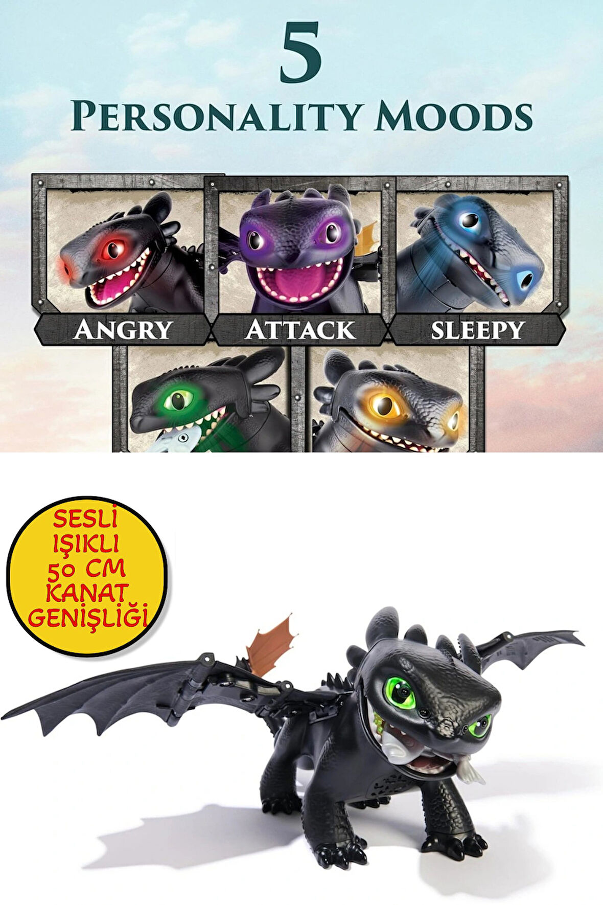 Ejderhanı Nasıl Eğitirsin Sesli Işıklı 50 CM Kanat Genişliğinde İnteraktif Dişsiz Figür