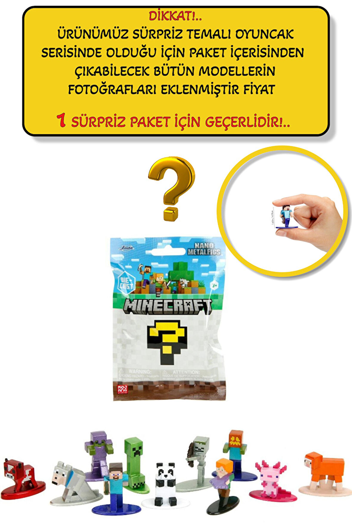 Minecraft Nano Metalfigs Sürpriz Paket– 13 Farklı Figürden 1’i (Steve Alex Creeper Panda Axolotl vb)