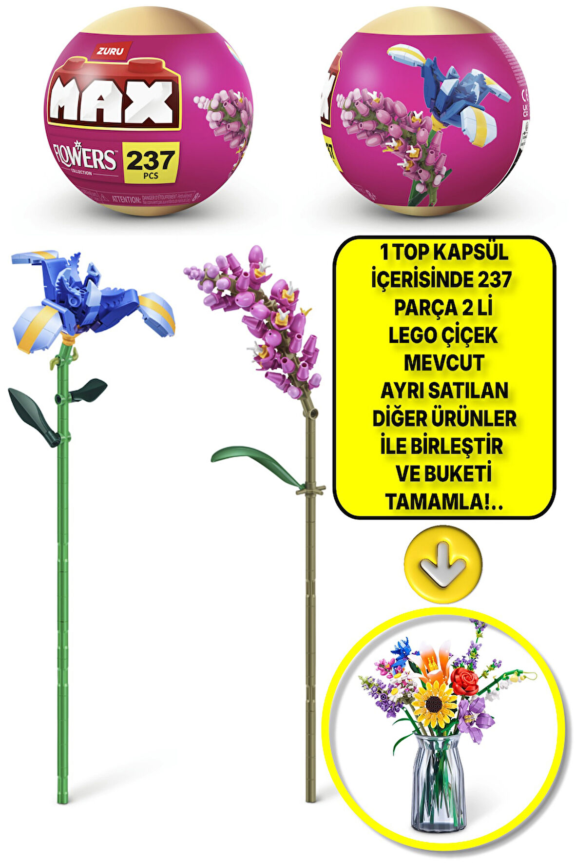 Max Uzun Yapı Blok Setli Çiçekler (Yalancı Tarak Otu ve İris) - LÜTFEN DİKKAT 1 ADET TOP PAKET !..