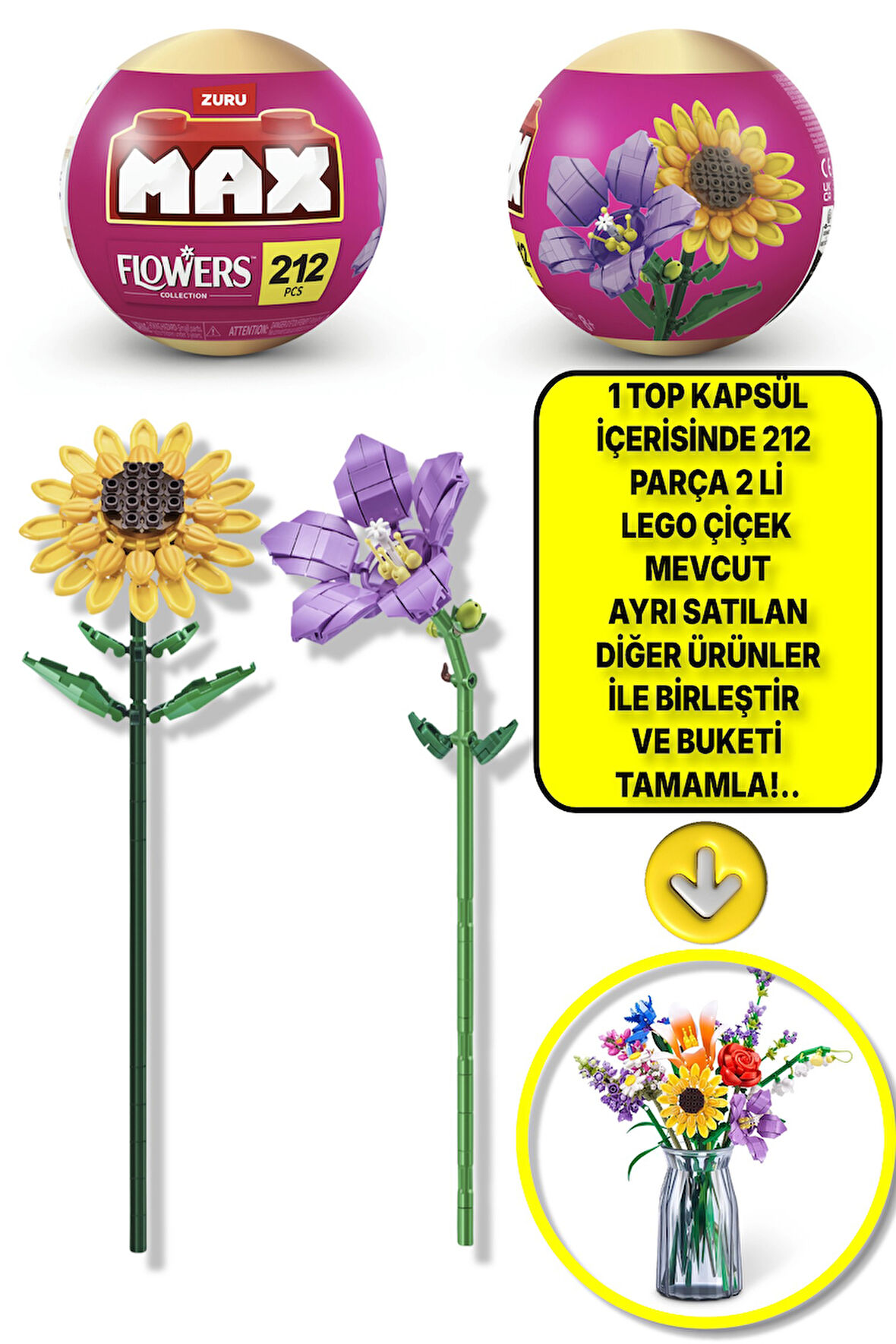 Max Uzun Yapı Blok Setli Çiçekler (Balon Çiçeği - Ayçiçeği) - LÜTFEN DİKKAT 1 ADET TOP PAKET GELİYOR