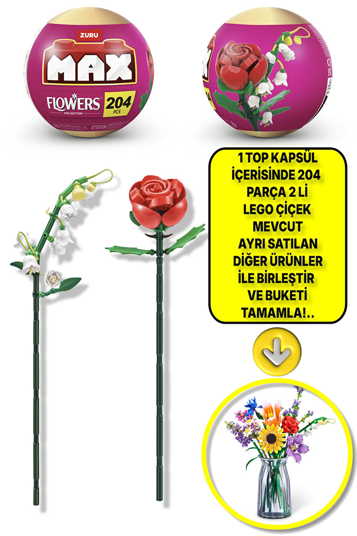 Max Uzun Yapı Blok Setli Çiçekler (Gül ve Zambak) - LÜTFEN DİKKAT 1 ADET TOP PAKET GÖNDERİLİYOR!..