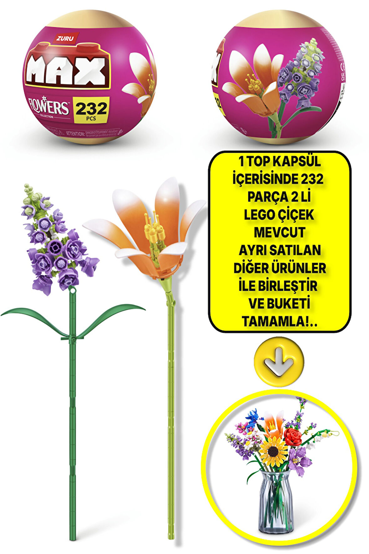 Max Uzun Yapı Blok Setli Çiçekler (Zambak ve Sümbül) - LÜTFEN DİKKAT 1 ADET TOP PAKET GÖNDERİLİYOR!