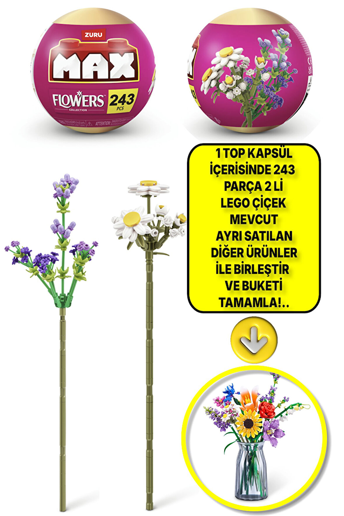 Max Uzun Yapı Blok Setli Çiçekler (Papatya - Lavanta) - LÜTFEN DİKKAT 1 ADET TOP PAKET GÖNDERİLİYOR!